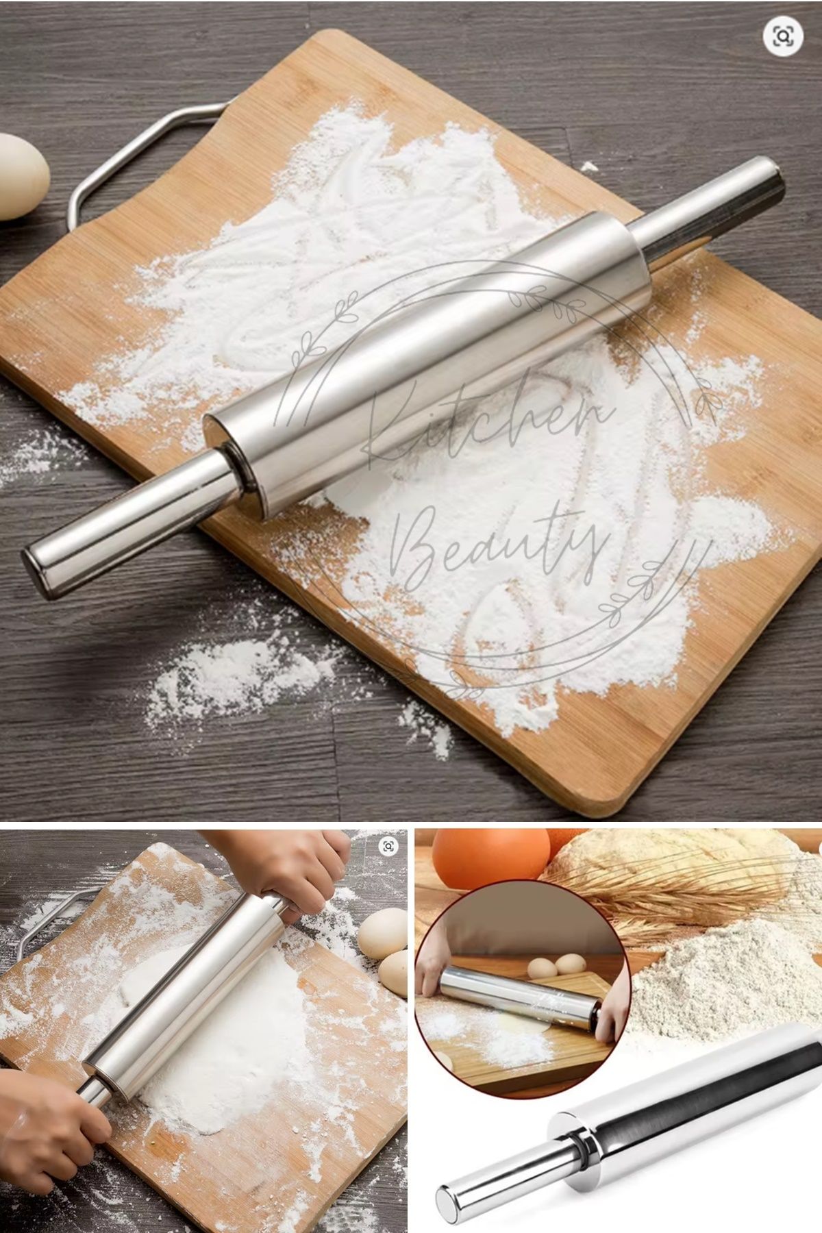 Kitchen Beauty Paslanmaz Çelik Merdane Ergonomik Kulplu Çelik Büyük Boy Profesyonel Hamur Açma Merdanesi