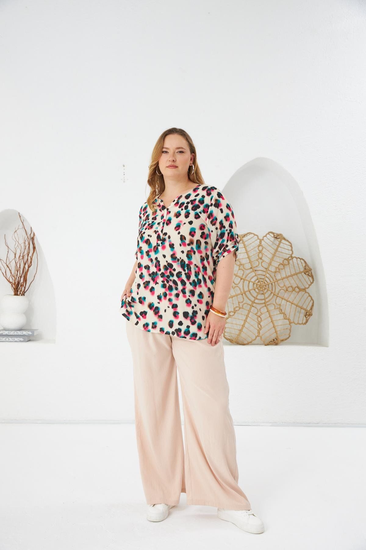 RMG-Leopard Patterned Plus Size Blouse Fuchsia 3