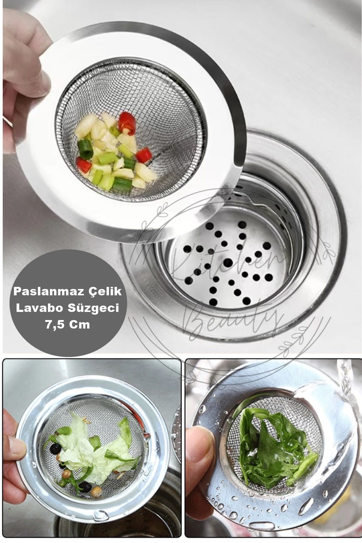 Kitchen Beauty Tüm Lavabolara Uygun Paslanmaz Çelik Lavabo Süzgeci 7,5 Cm Evye Süzgeç