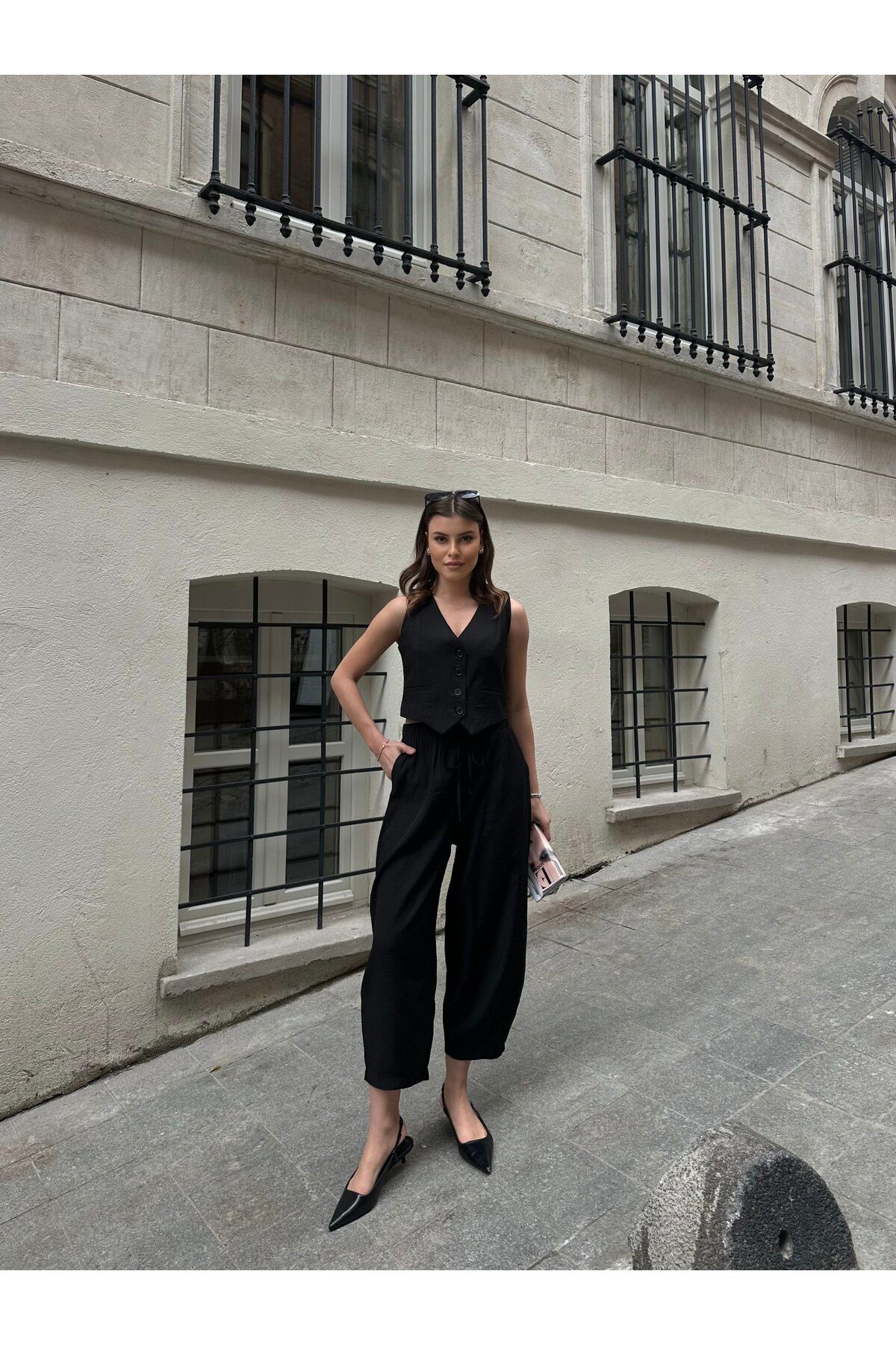 POP STORY Kadın Keten Yelekli Bol Paça İkili Takım