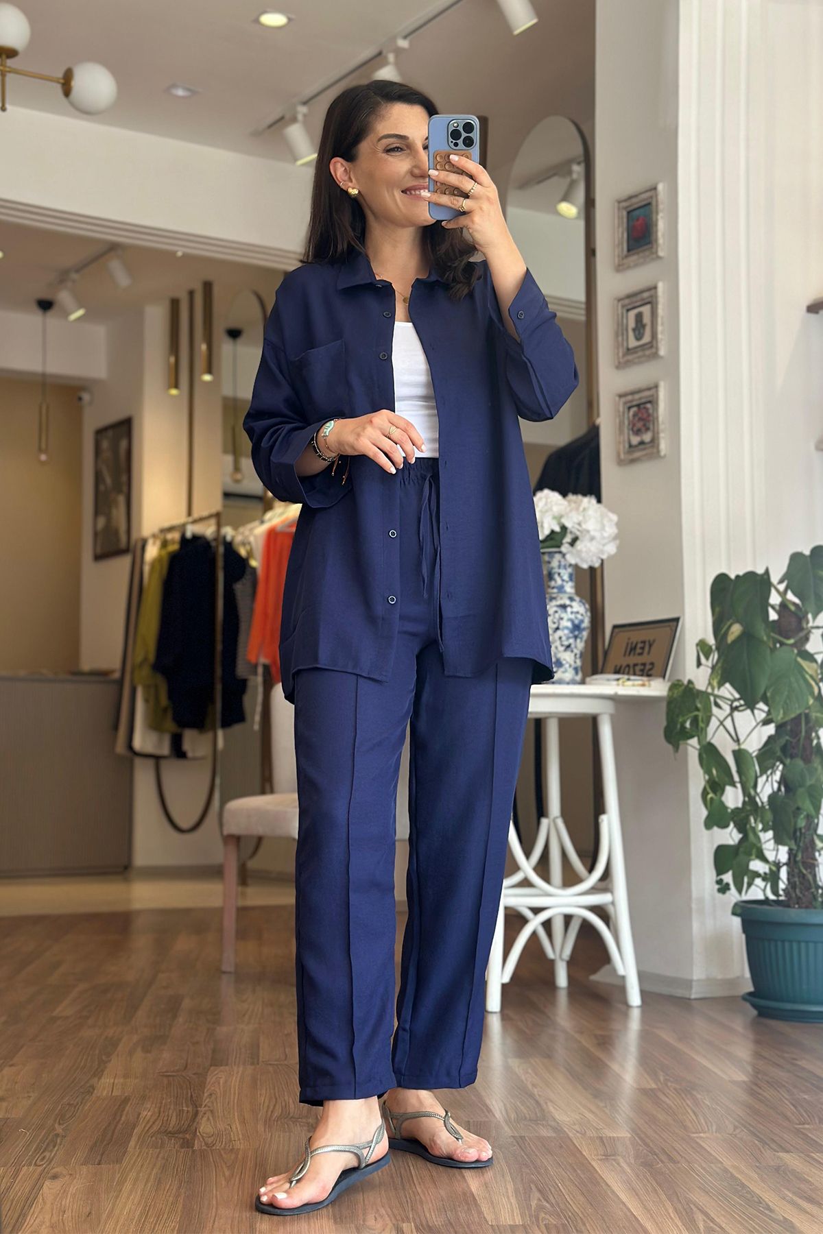 Unique Boutique Lacivert Keten Dokulu Alt-Üst Takım