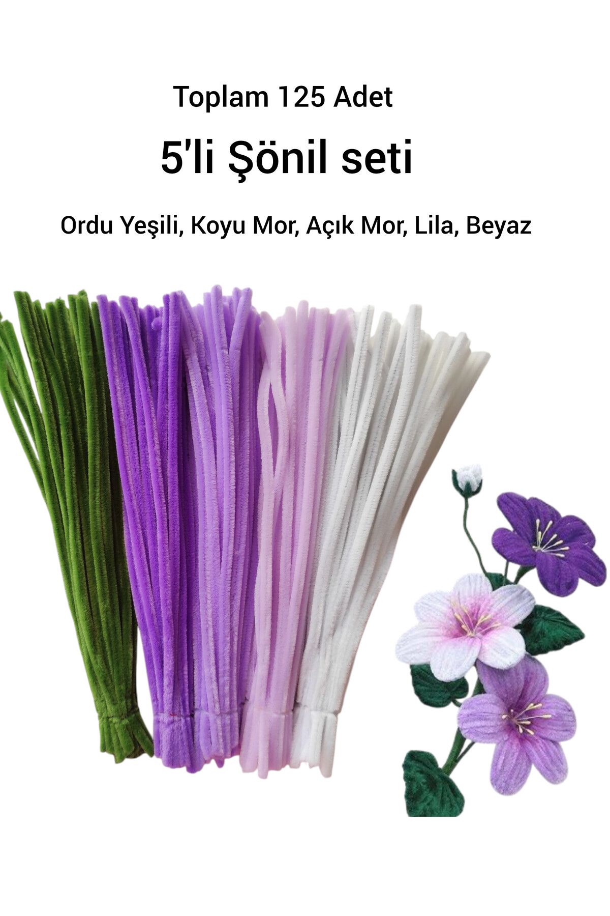 Butik 125 Adet 5'li Mor Tonları Şönil Seti (Ordu Yeşili,Koyu Mor,Açık Mor,Lila,Beyaz)