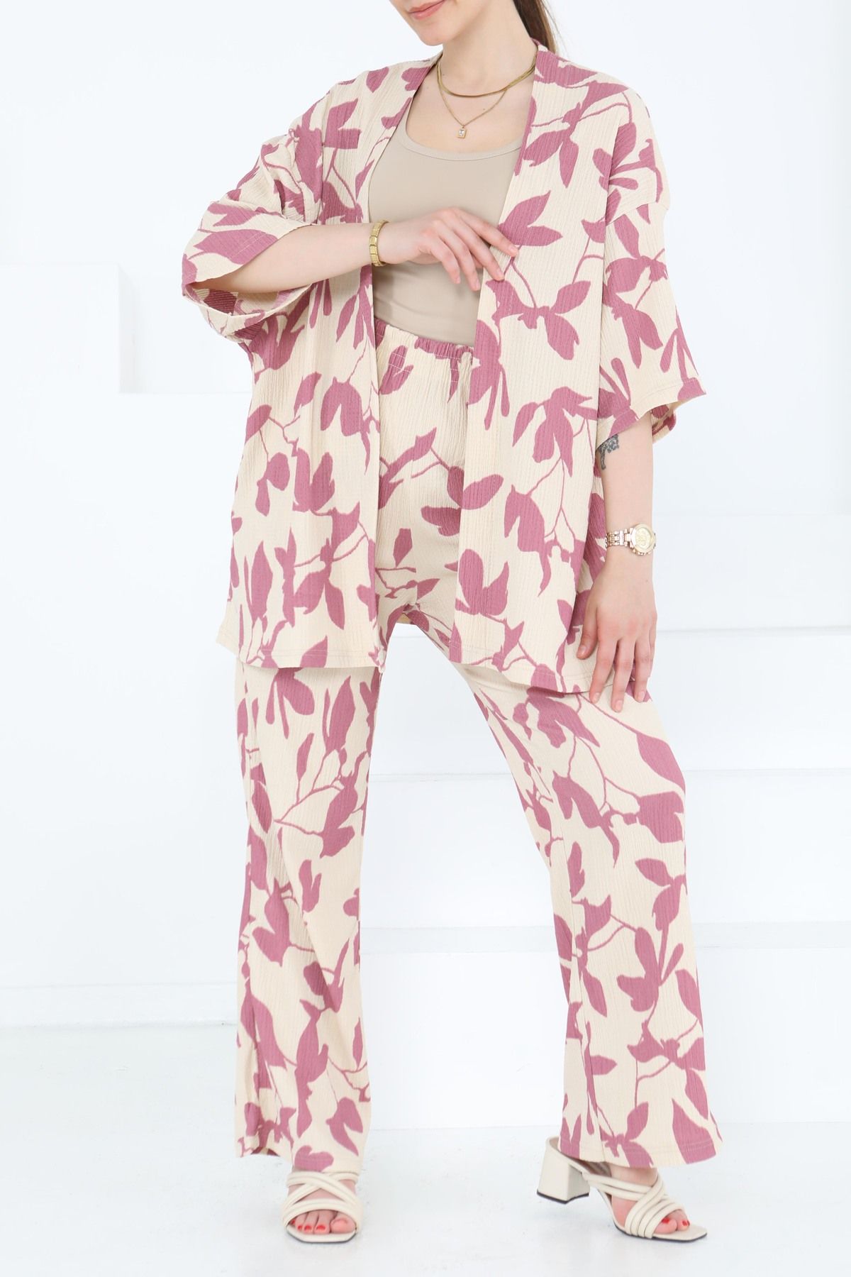 TOFİSA Desenli Kimono Takım Gül - 27285