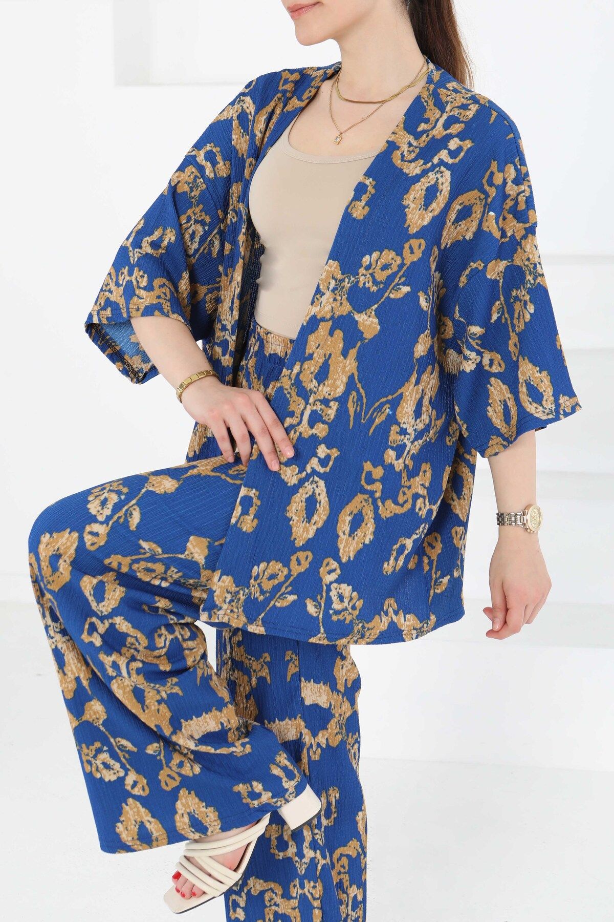 TOFİSA Desenli Kimono Takım Mavi - 27287