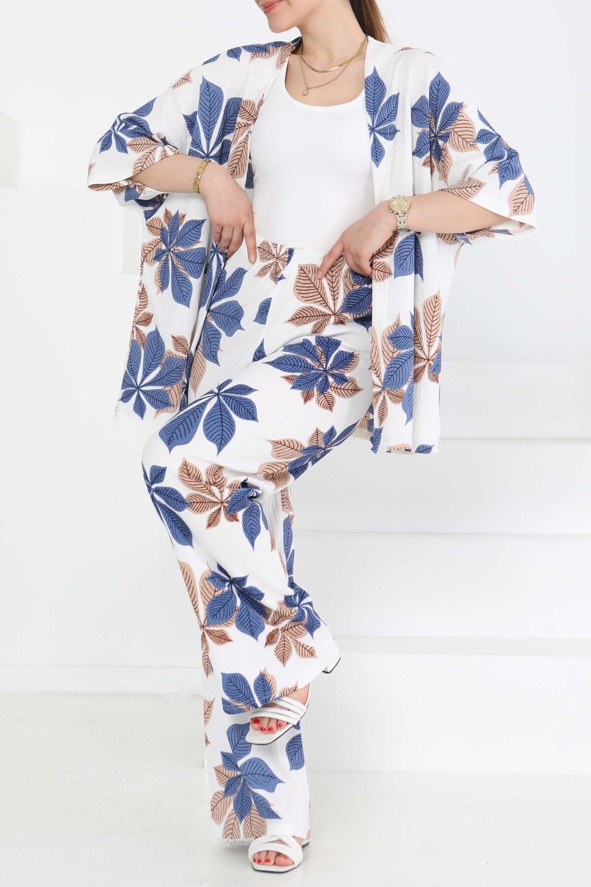 TOFİSA Desenli Kimono Takım Mavi - 27284