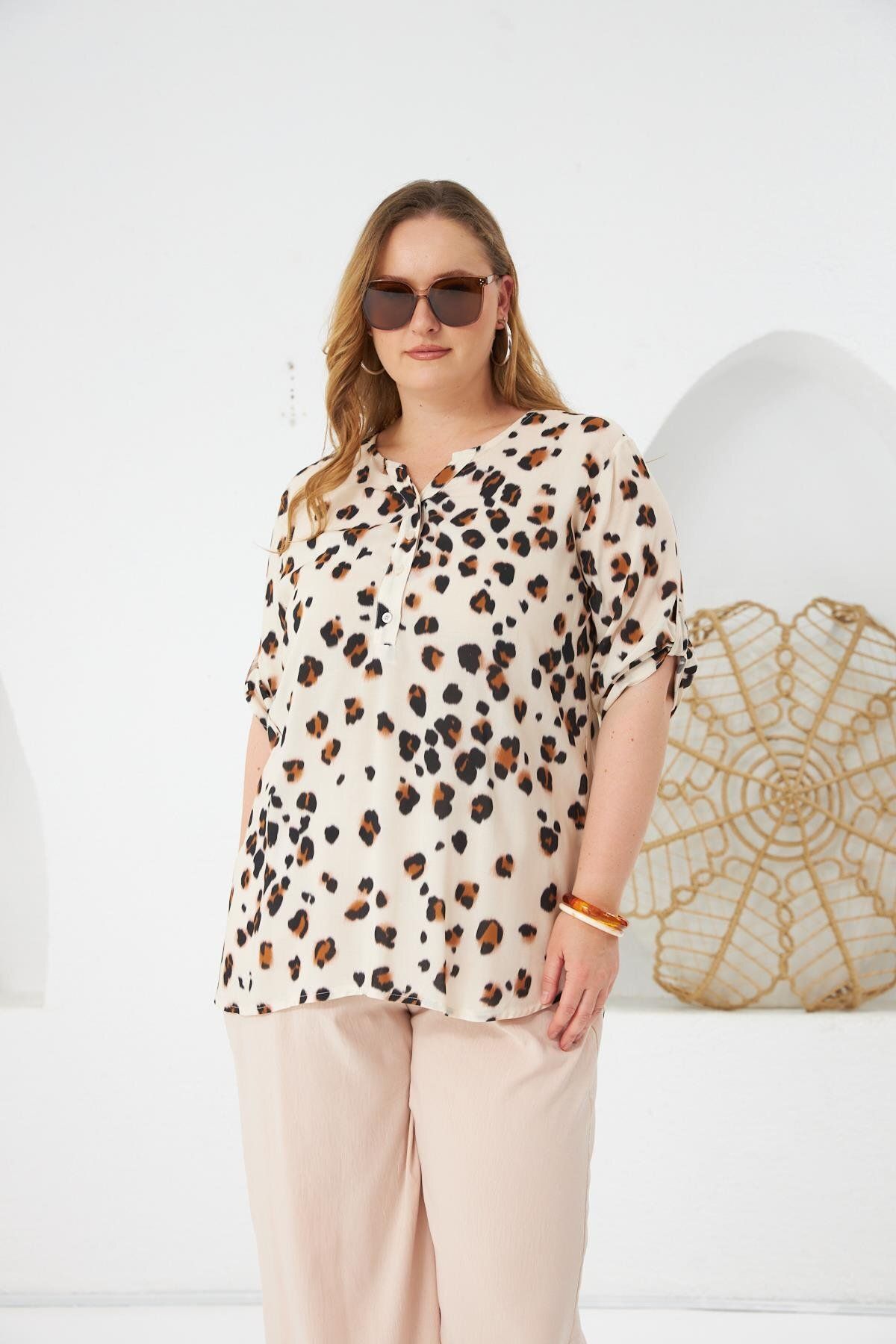 RMG-Leopard Patterned Plus Size Blouse Mink 2