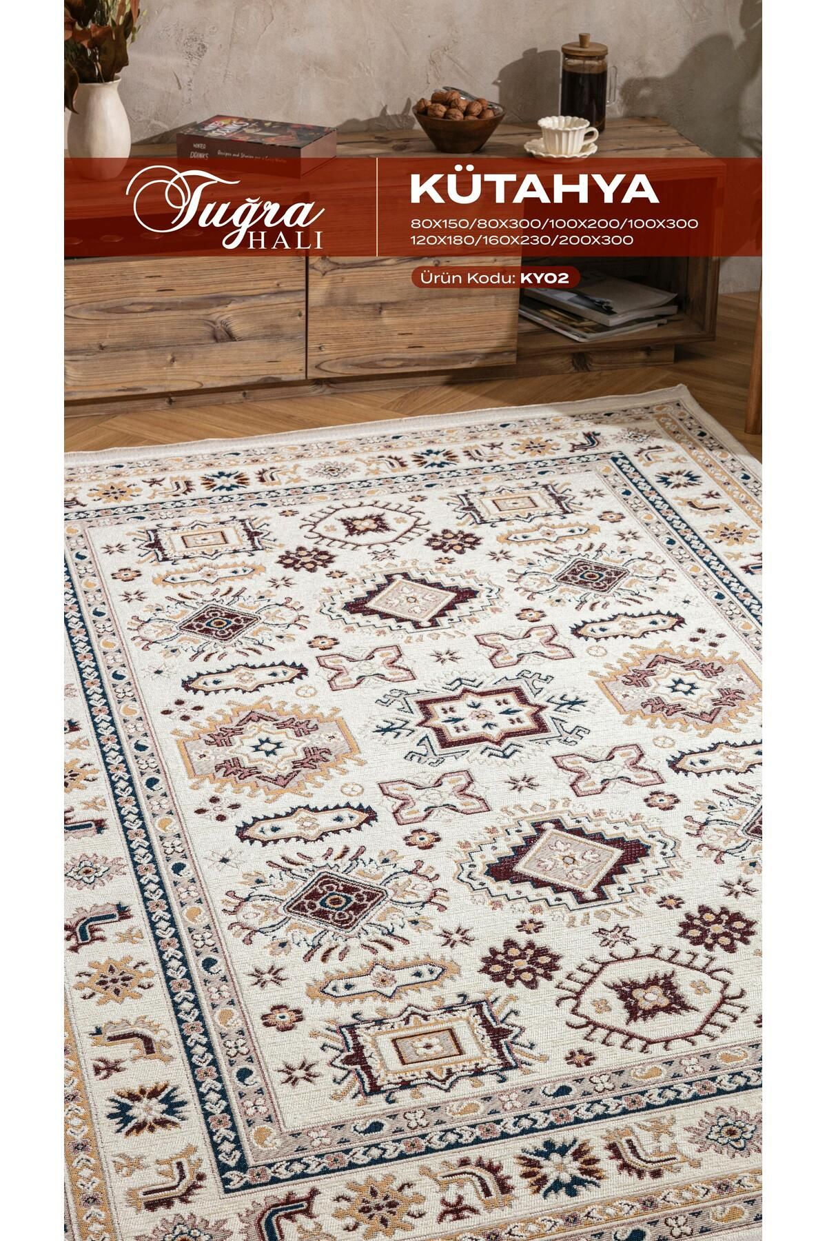 Tuğra Halı KÜTAHYA KY02 Etnik Desenli Saçaklı Halı – Kaymaz Tabanlı %64 Pamuk %36 Polyester