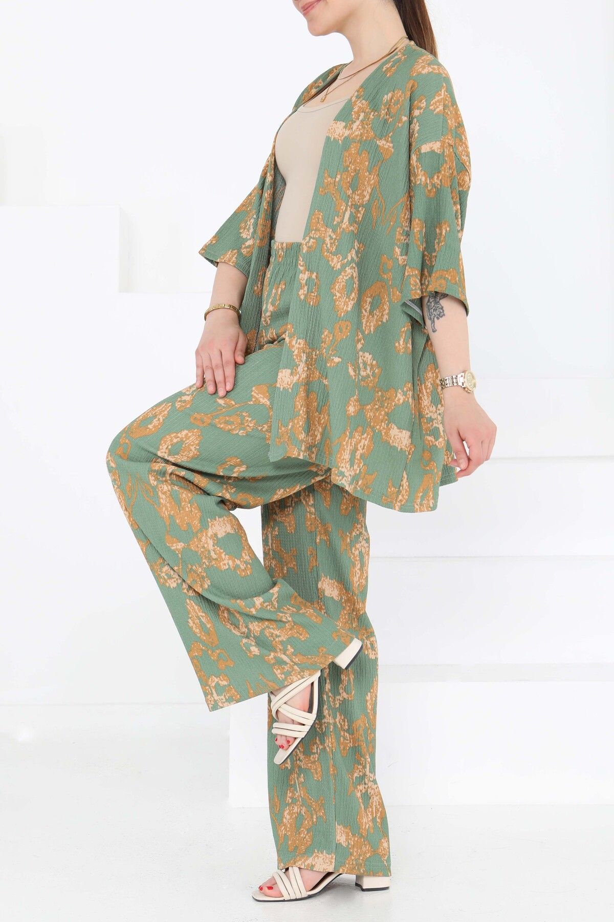 TOFİSA Desenli Kimono Takım Haki - 27287