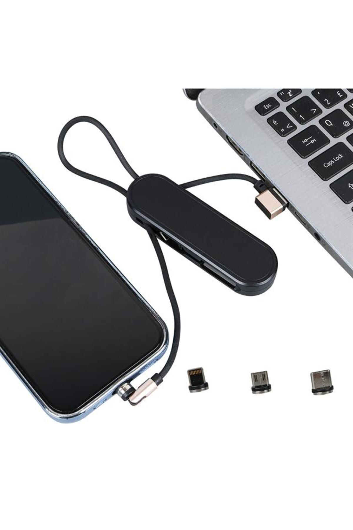 TimeStart - PM-25906 Siyah 3in1 (Eğitici pe C- Lightning- Micro Usb) Manyetik Uç Taşınabilir Şarj Kablosu