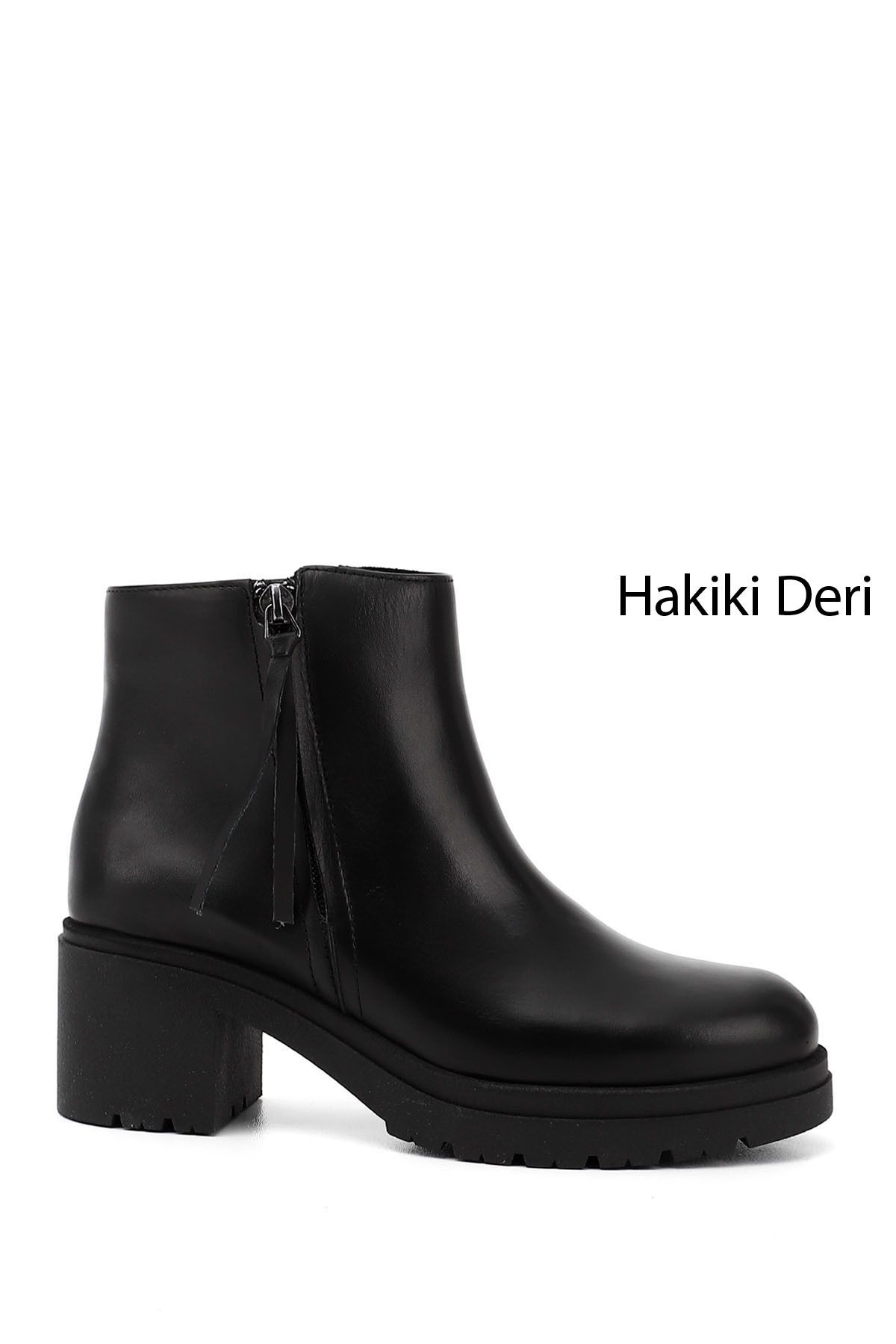 GÖNDERİ(R) Kadın / Kız Siyah Fermuarlı Kalın Topuklu Hakiki Deri Bot