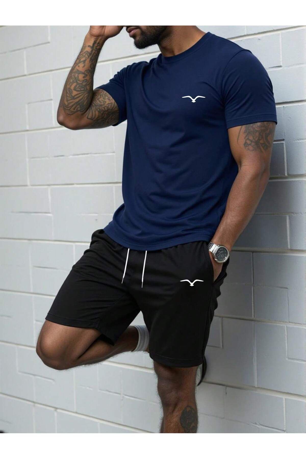 ACTIVE MODA - ERKEK KISA KOLLU TSHIRT-ŞORT 2Lİ TAKIM BASKILI PAMUKLU