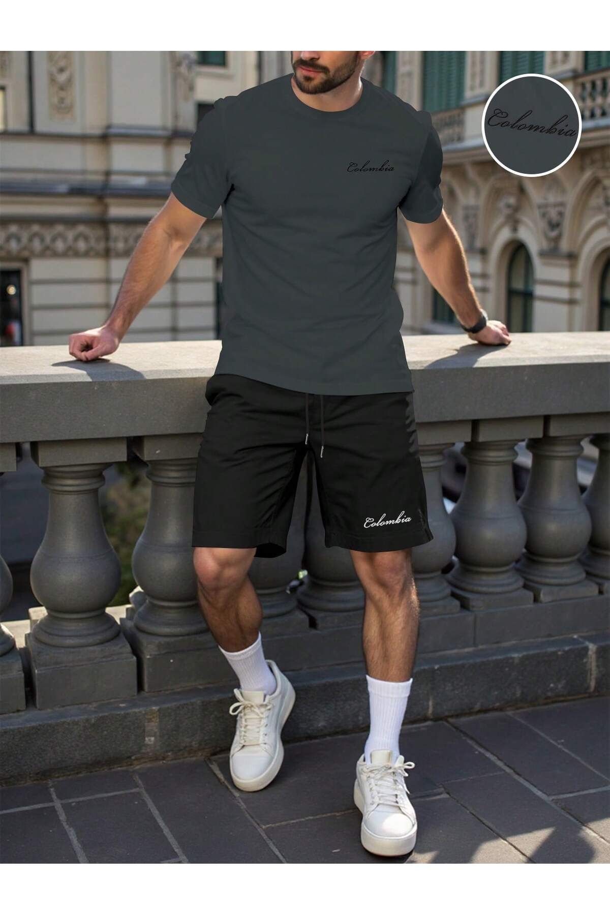 ACTIVE MODA - ERKEK KISA KOLLU TSHIRT-ŞORT 2Lİ TAKIM BASKILI PAMUKLU