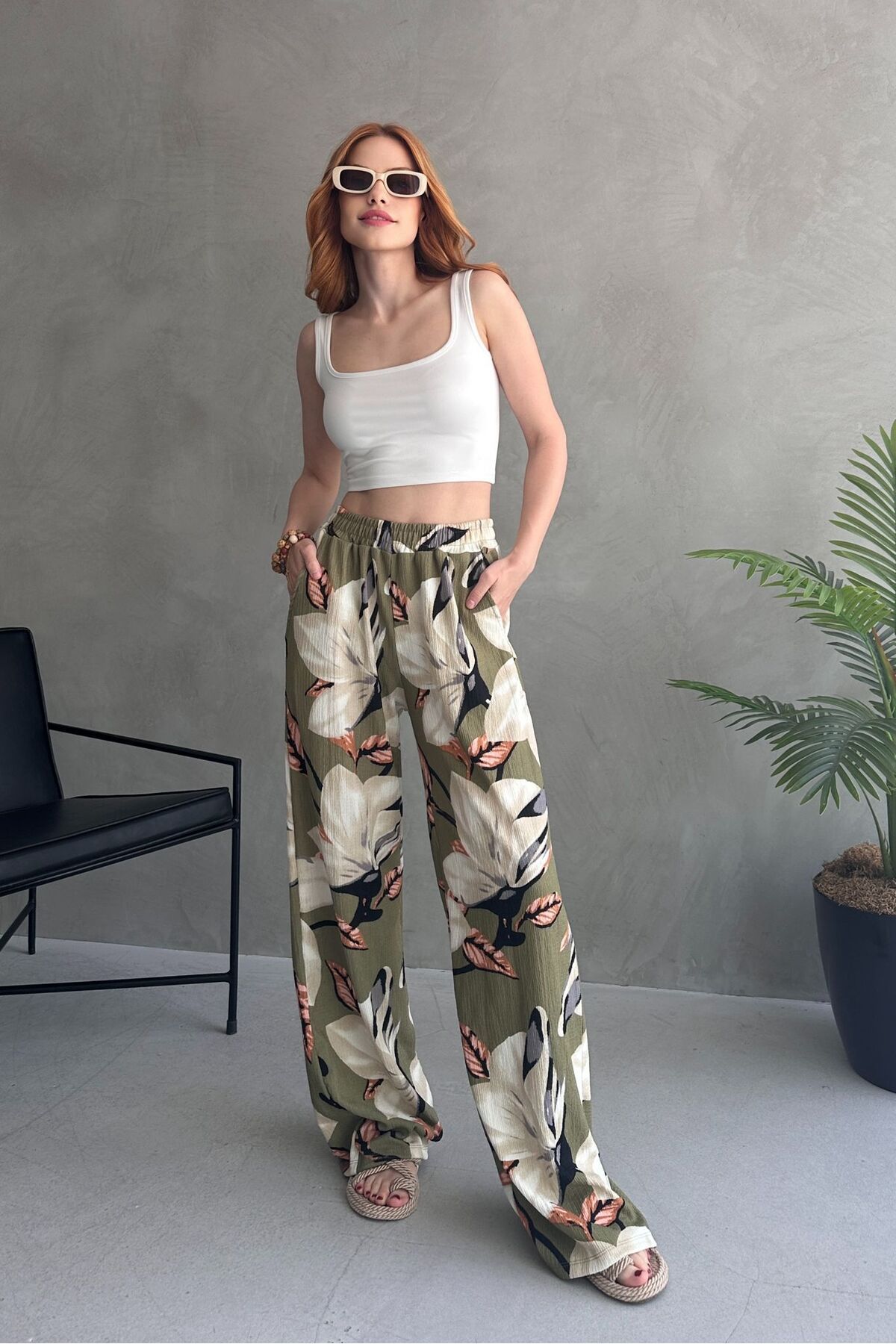 TOFİSA Çiçek Desenli Bol Pantolon Haki - 27237