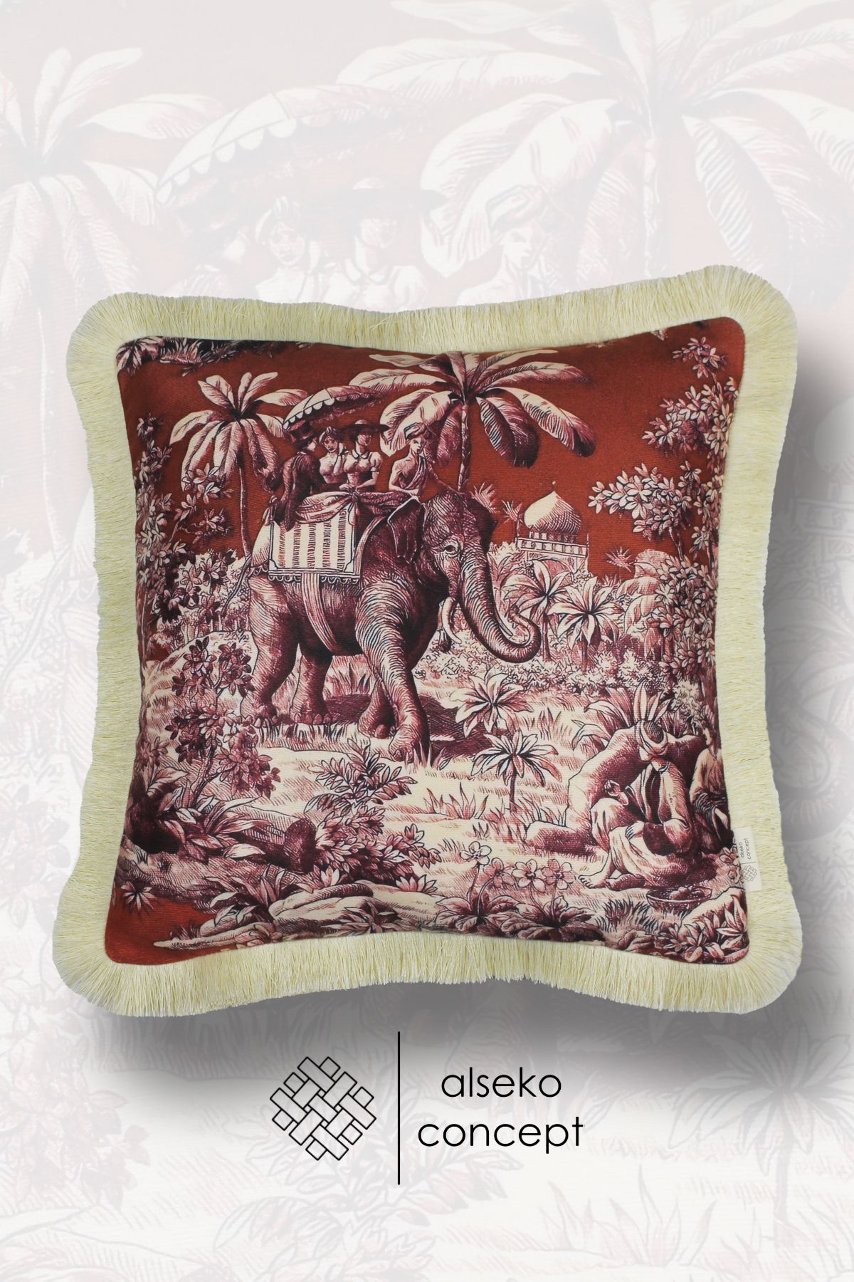 Alseko Concept Bordo Püsküllü, Fil Desen Dekoratif 43x43cm Kare Kırlent Kılıfı