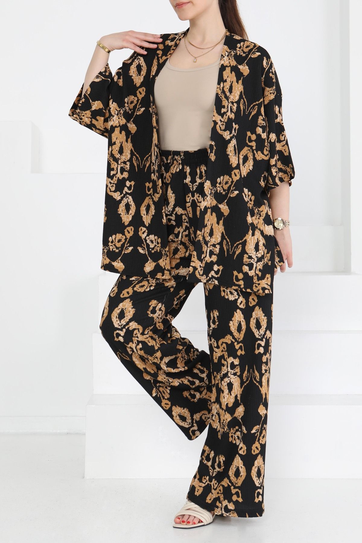 TOFİSA Desenli Kimono Takım Siyah