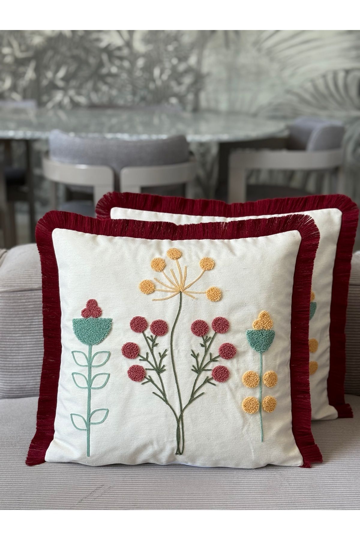 Skhome Modern Punch İşlemeli Saçaklı Kırlent Kılıfı 1 Adet 43x43cm(SPNC-19)