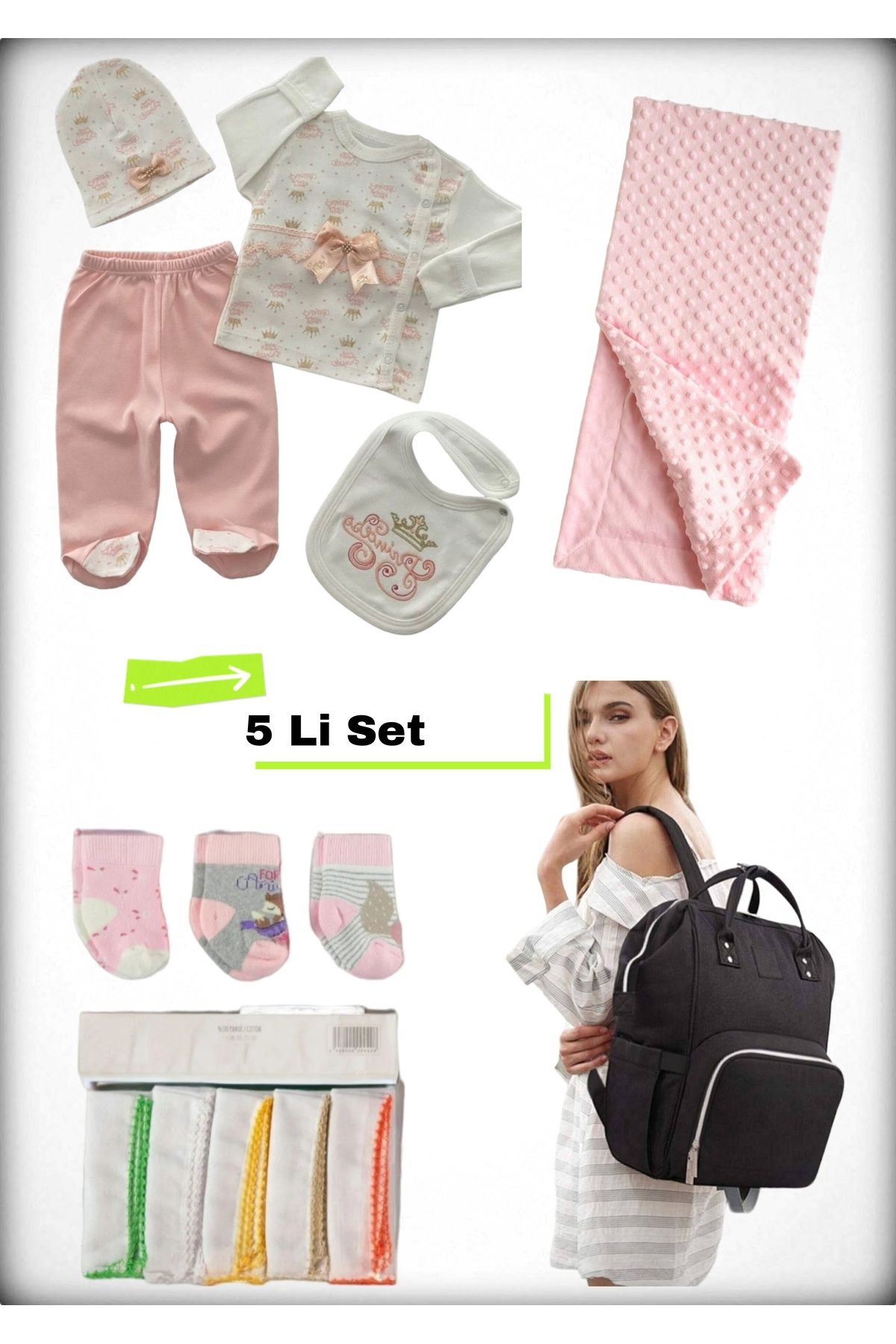 Avşar Baby 5 li Doğum Seti (Anne Bebek Çantası Hastane Çıkışı Battaniye 10 Lu Mendil Ve 3 Lü Çorap)