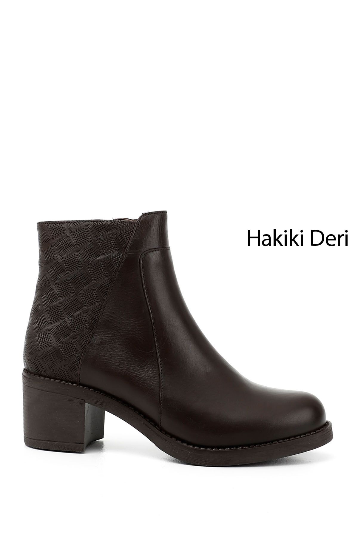 GÖNDERİ(R) Kadın / Kız Kahve Antik Fermuarlı Kalın Topuklu Hakiki Deri Bot
