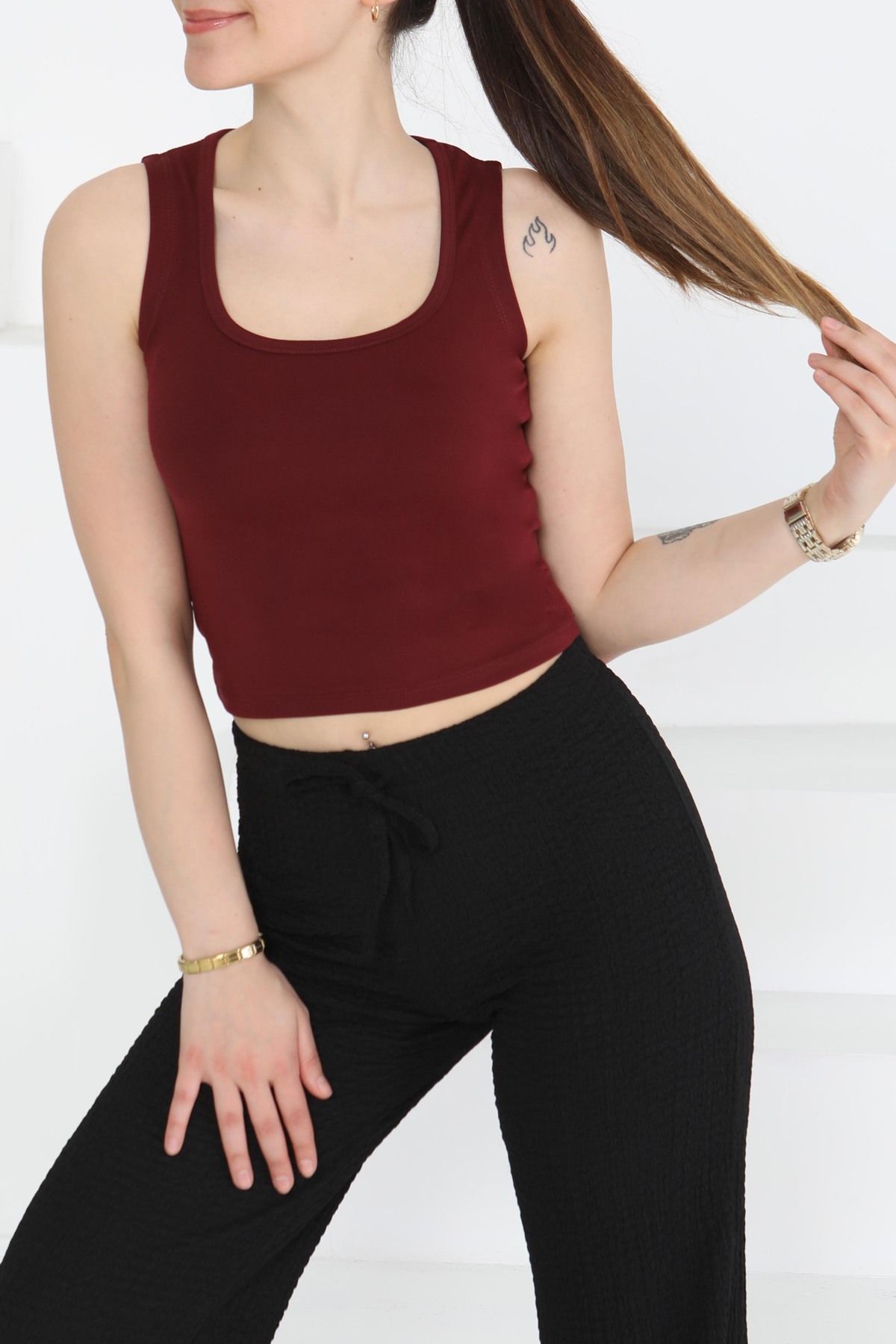 TOFİSA Cupralı Oval Yaka Crop Atlet Bordo - 27278