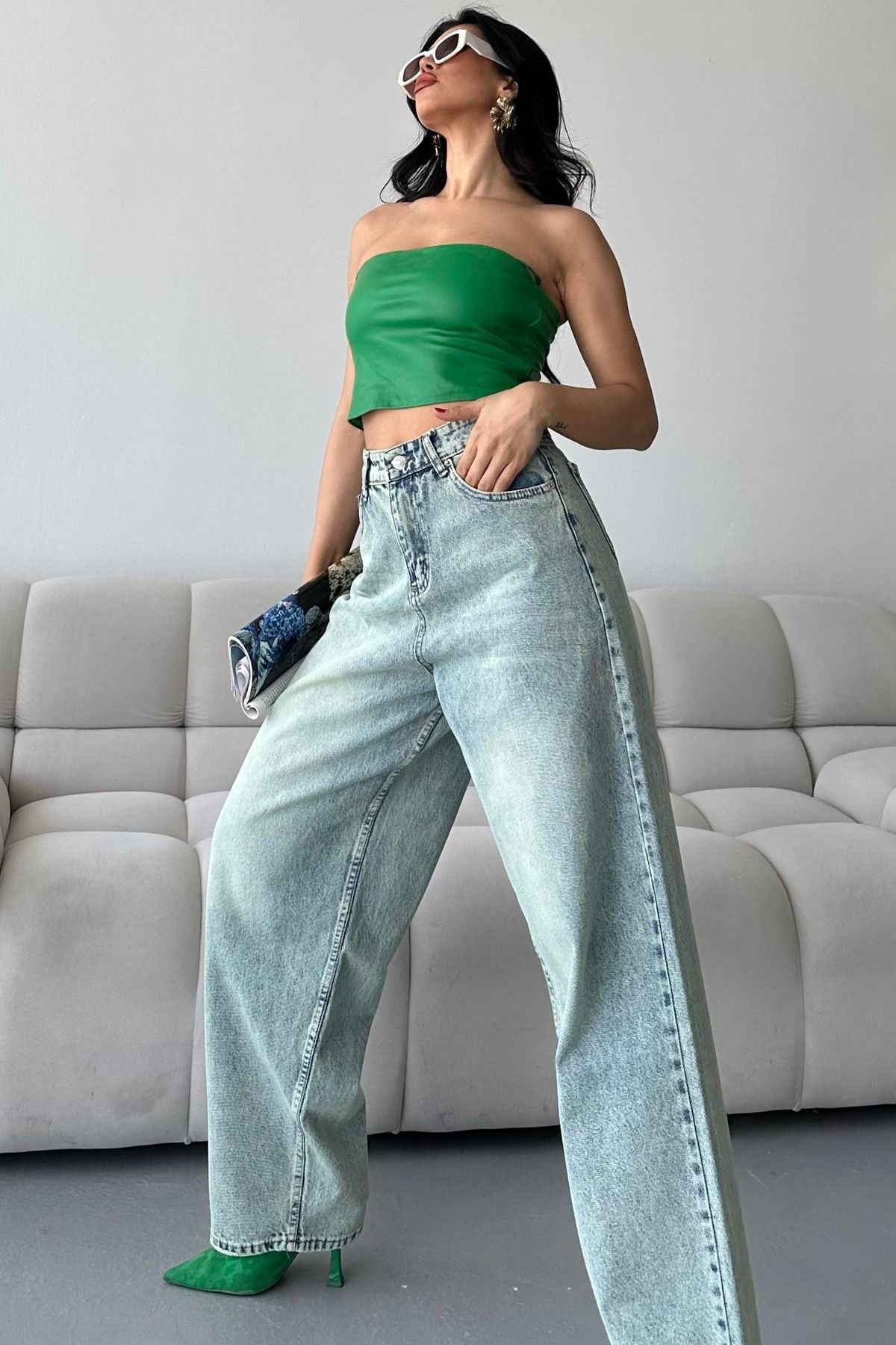 TOFİSA Bıyık Baggy Kot Pantolon Yeşil Tint Yikama - 27268