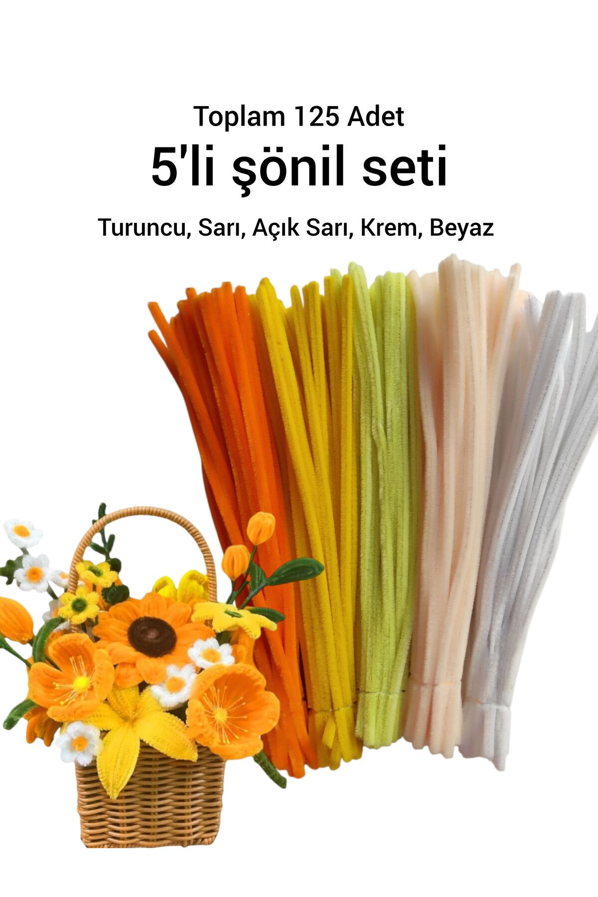 Butik Heryerciceklenir 125 Adet 5'li Sarı Tonları Şönil Seti (Turunu,Sarı,Açık Sarı,Krem,Beyaz)