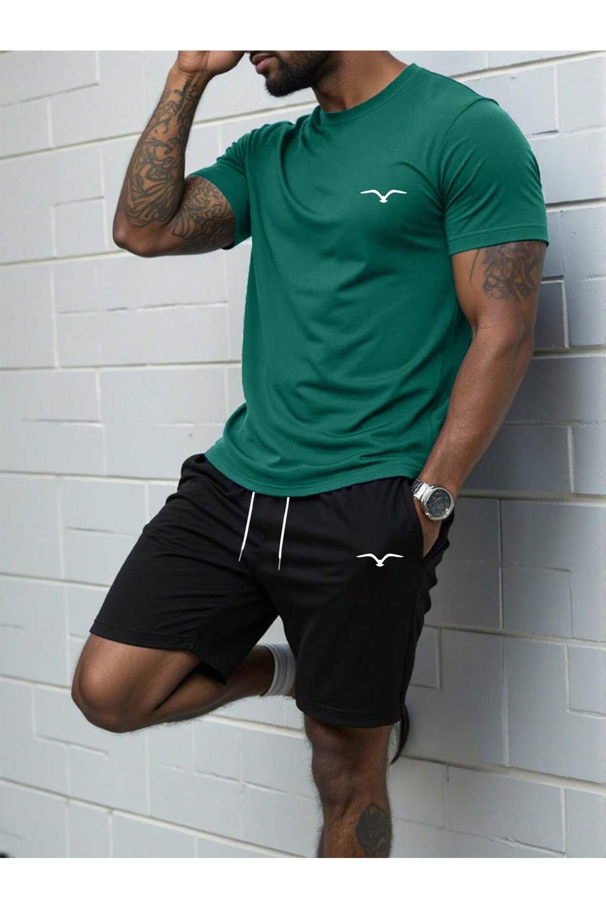 ACTIVE MODA - ERKEK KISA KOLLU TSHIRT-ŞORT 2Lİ TAKIM BASKILI PAMUKLU