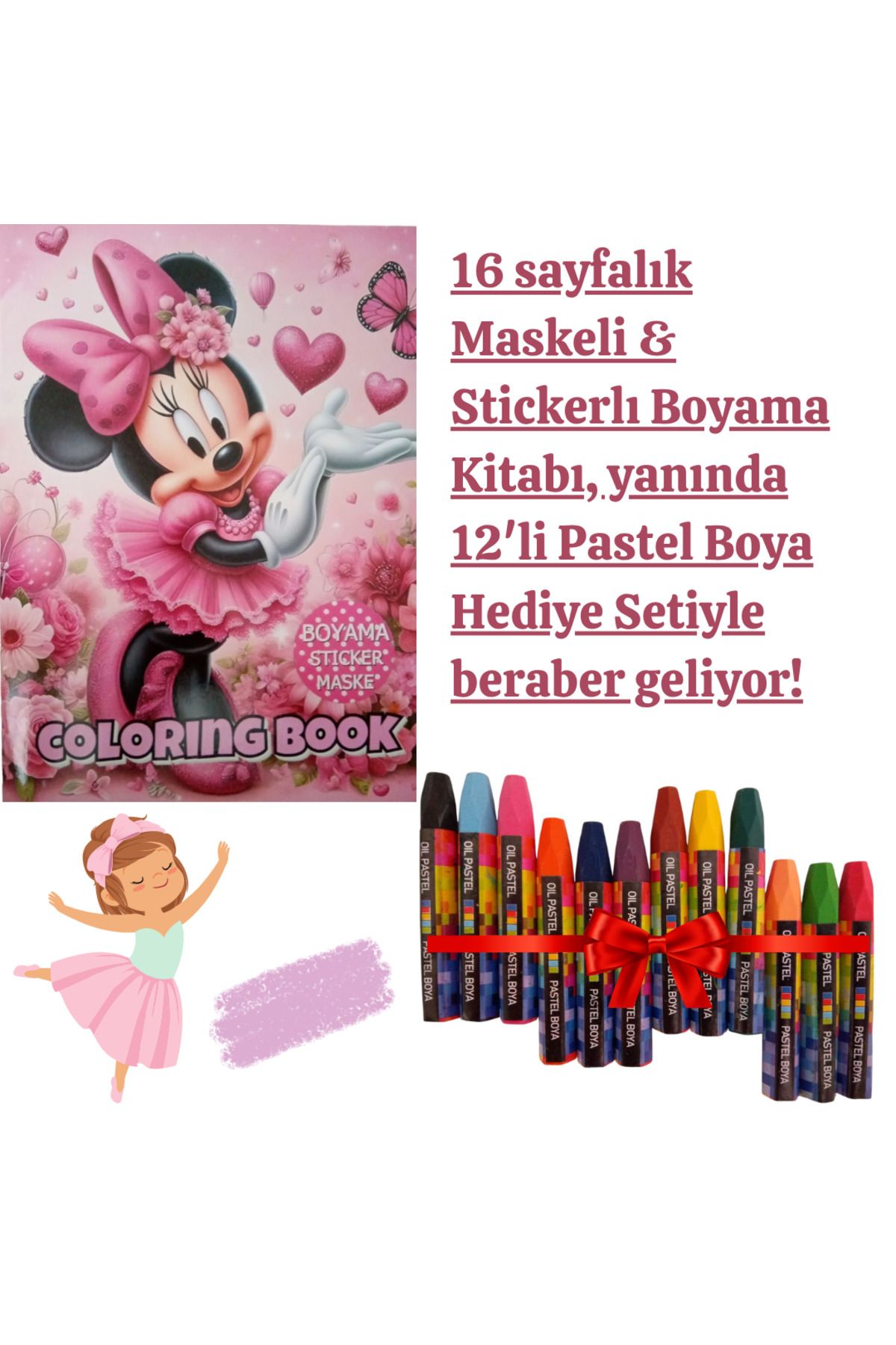 booddie Minnie Mouse Boyama Kitabı Stickerlı (arka Kapak Kesilerek Maskeli ) 12'li Pastel Boya Seti