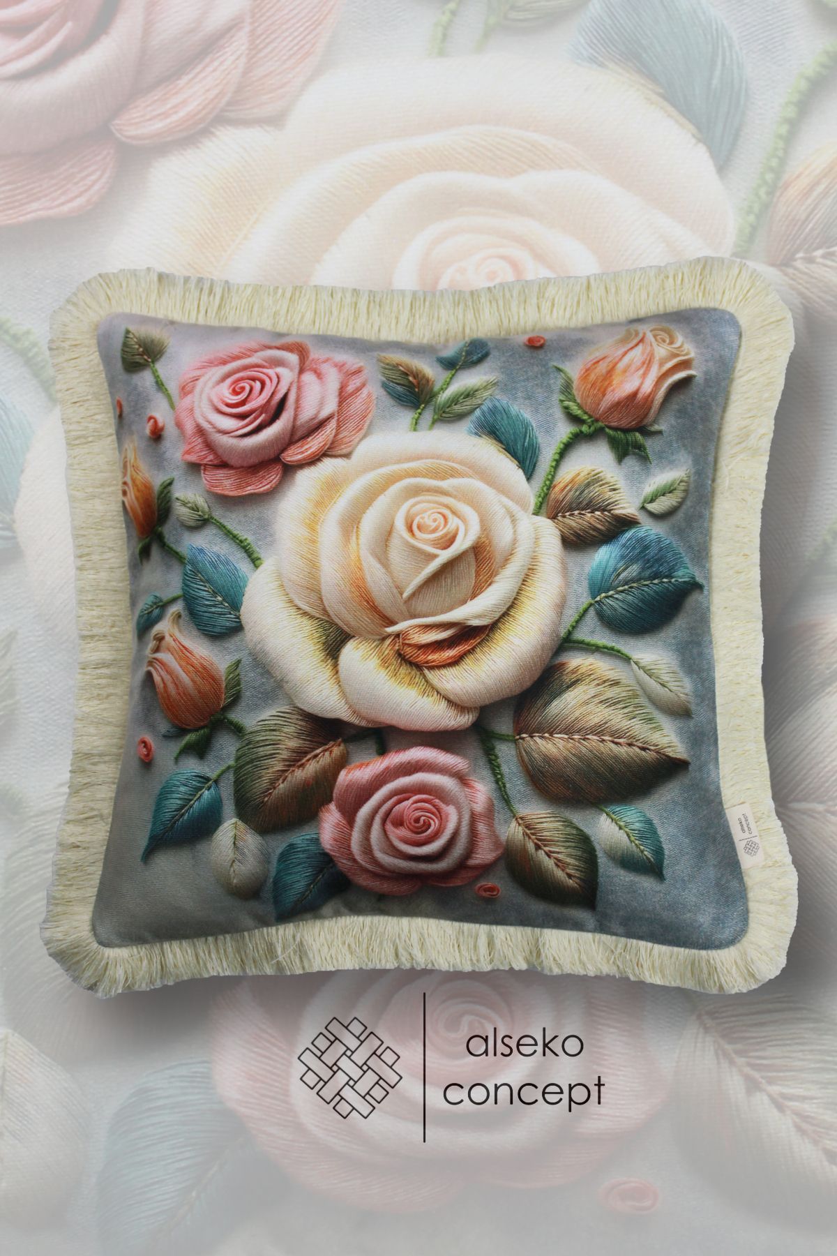 Alseko Concept Krem Püsküllü, 3D White Rose Desen Dekoratif 43x43cm Kare Kırlent Kılıfı