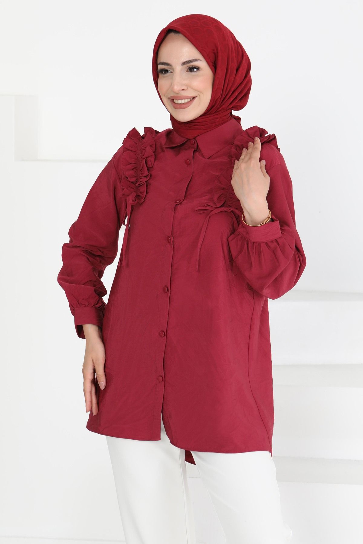 TOFİSA Fırfır Detaylı Tunik Bordo - 27274