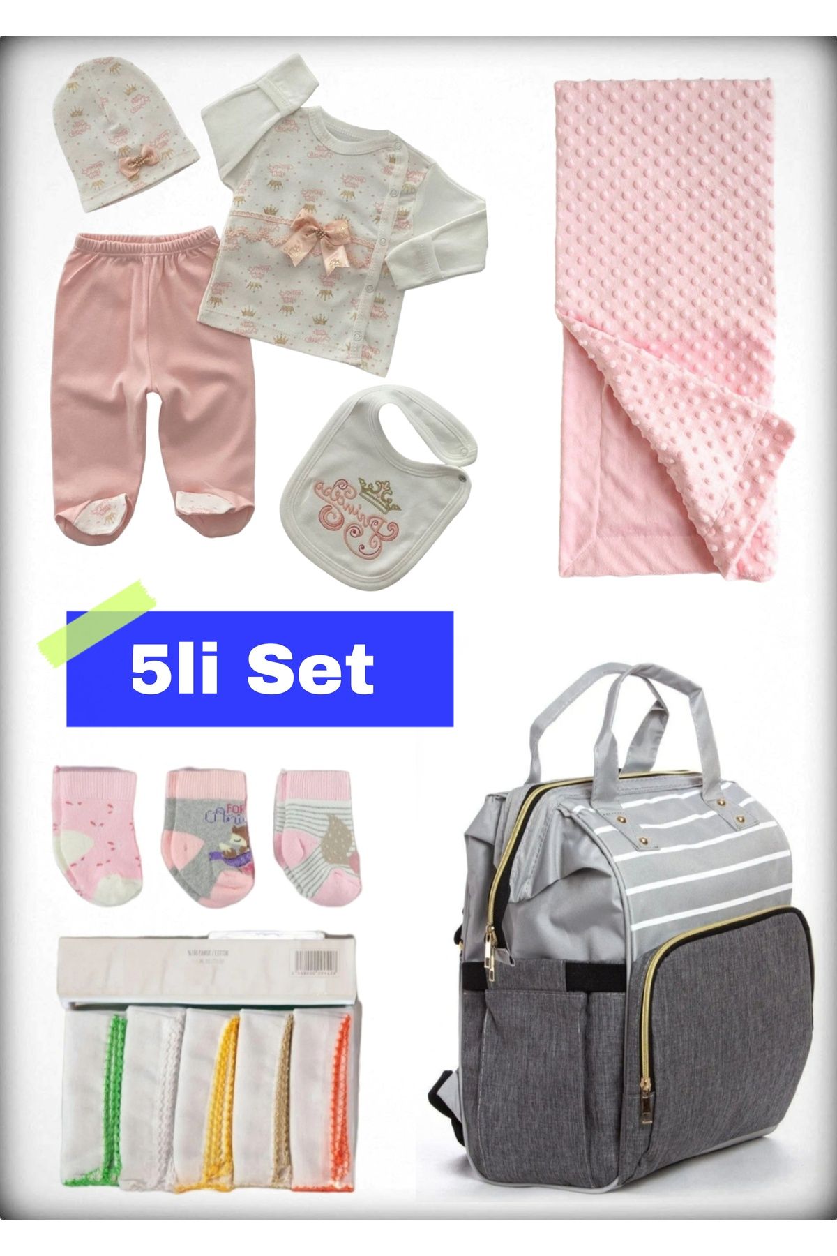 Avşar Baby 5 li Doğum Seti (Anne Bebek Çantası Hastane Çıkışı Battaniye 10 Lu Mendil Ve 3 Lü Çorap)
