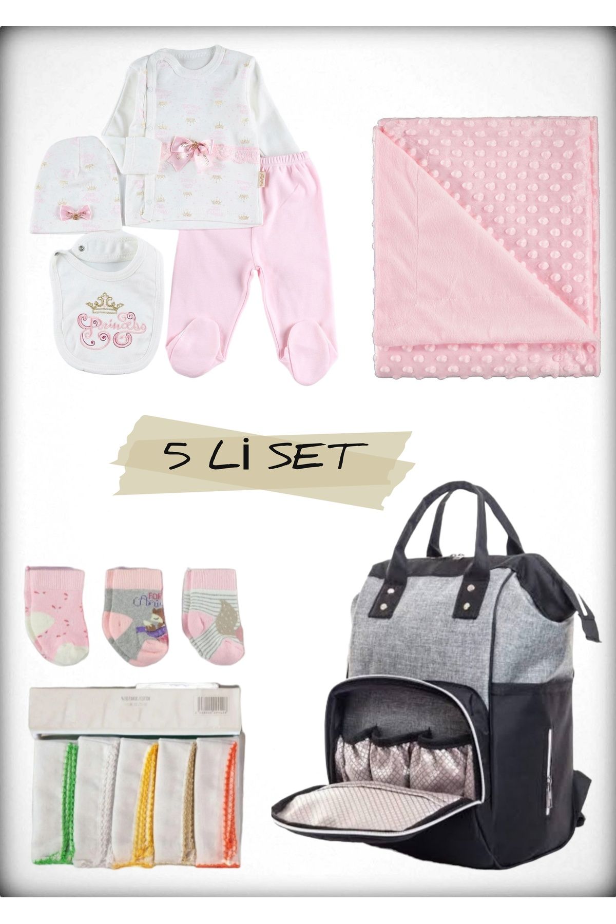 Avşar Baby 5 li Doğum Seti (Anne Bebek Çantası Hastane Çıkışı Battaniye 10 Lu Mendil Ve 3 Lü Çorap)