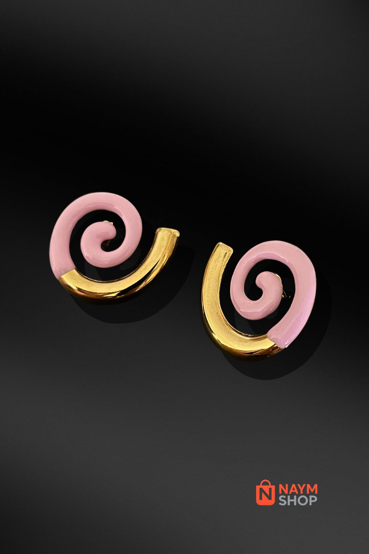 NAYM SHOP Kadın Seramik Elips Pembe Gold Tasarım Küpe
