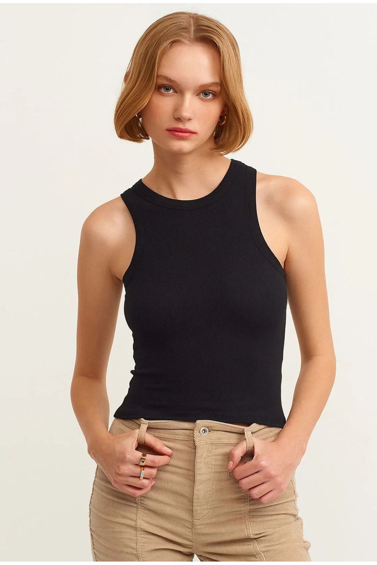 Nura Francy KADIN DOKUMA FİTİLLİ SIFIR KOL PAMUKLU ATLET CROP
