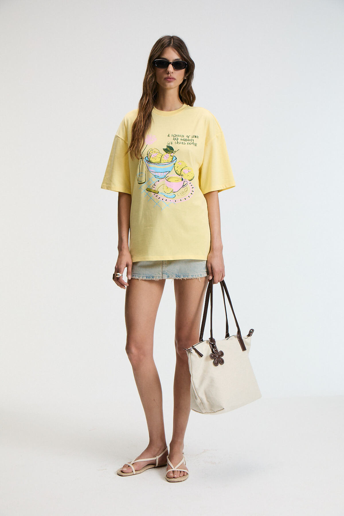 GRIMELANGE  NITZA Kadın %100 Pamuk Oversize Bisiklet Yaka Sarı T-Shirt - Görsel 4