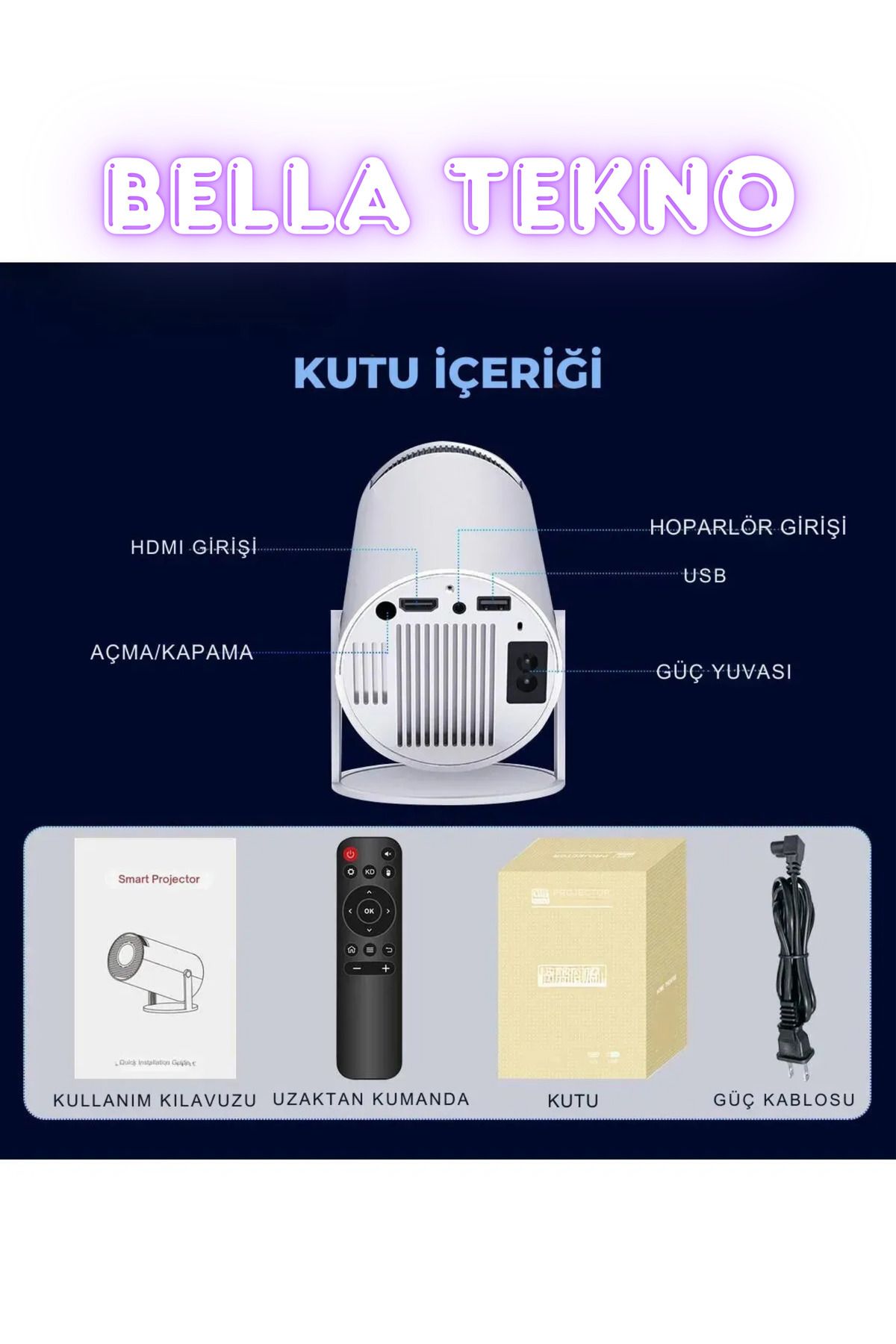 BellaThec Evde Sinema Keyfi İçin Android Projeksiyon Cihazı | Wifi Destekli, Hoparlörlü, HDMI USB Girişli