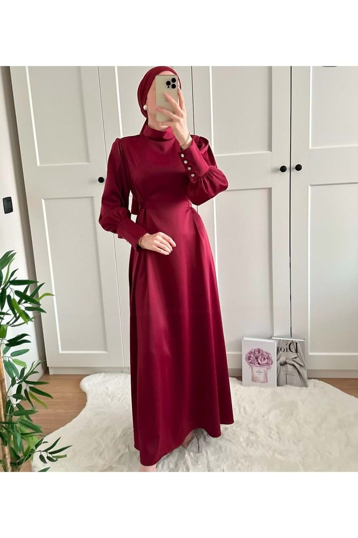 Tane 25Y4622BB ABİYE SATEN BEL KUŞAKLI BALON KOL BORDO