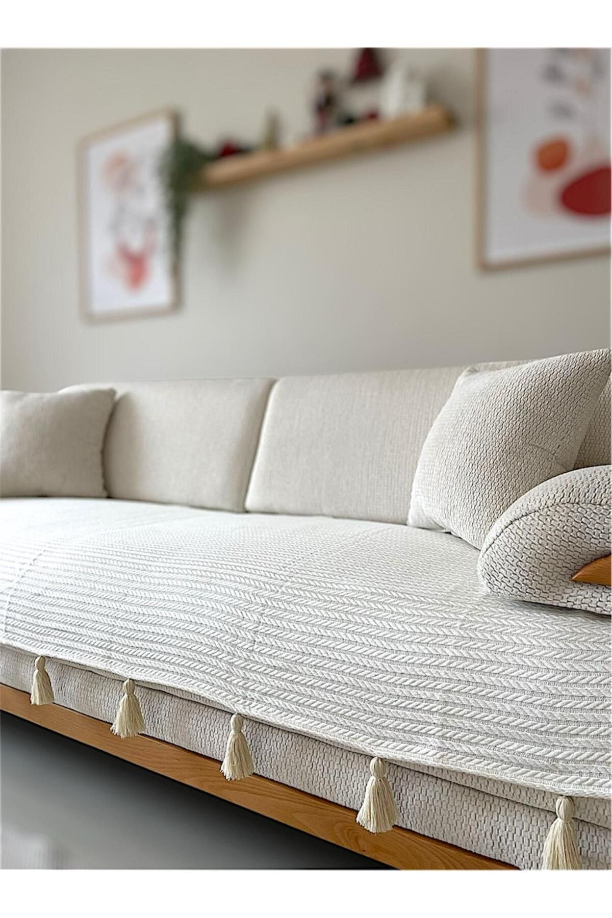 MuHu Home Püsküllü Örgü Desen Koltuk Örtüsü Krem [üçlü Koltuk Için 1 Adet] 90x210 Cm