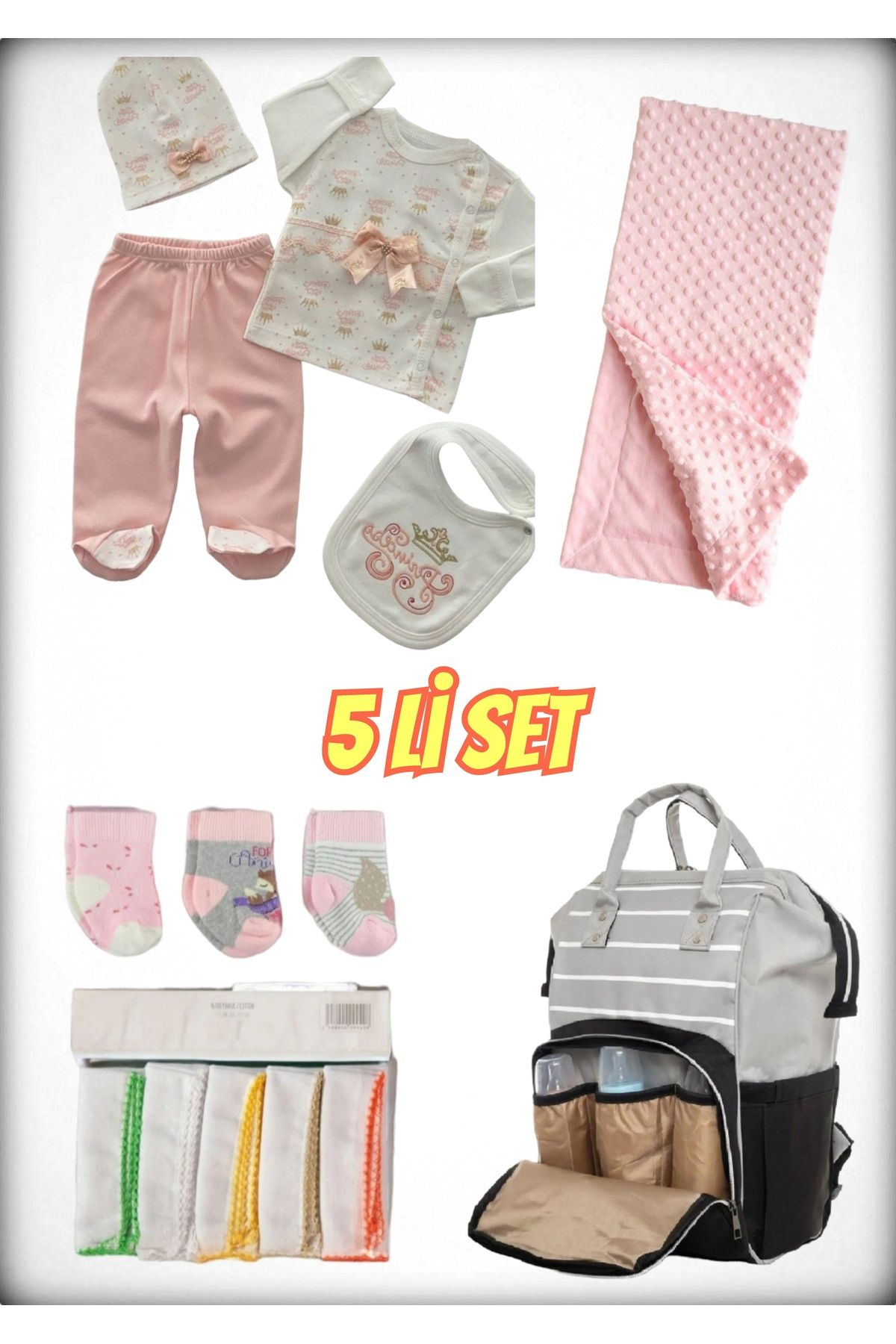 Avşar Baby 5 li Doğum Seti (Anne Bebek Çantası Hastane Çıkışı Battaniye 10 Lu Mendil Ve 3 Lü Çorap)