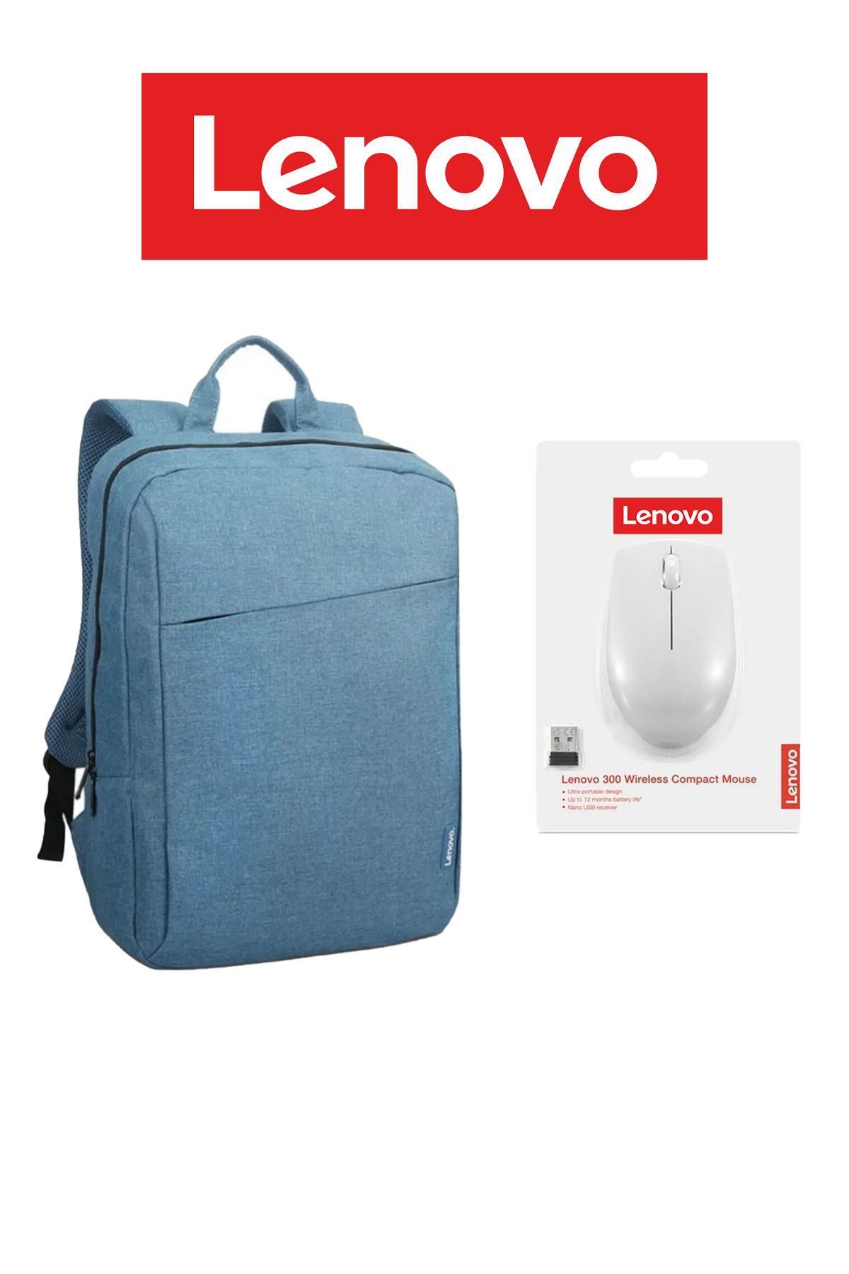 LENOVO Case 15.6" B210 Notebook Sırt Çantası Mavi + LENOVO 300 Kablosuz Kompakt Mouse- GRİ