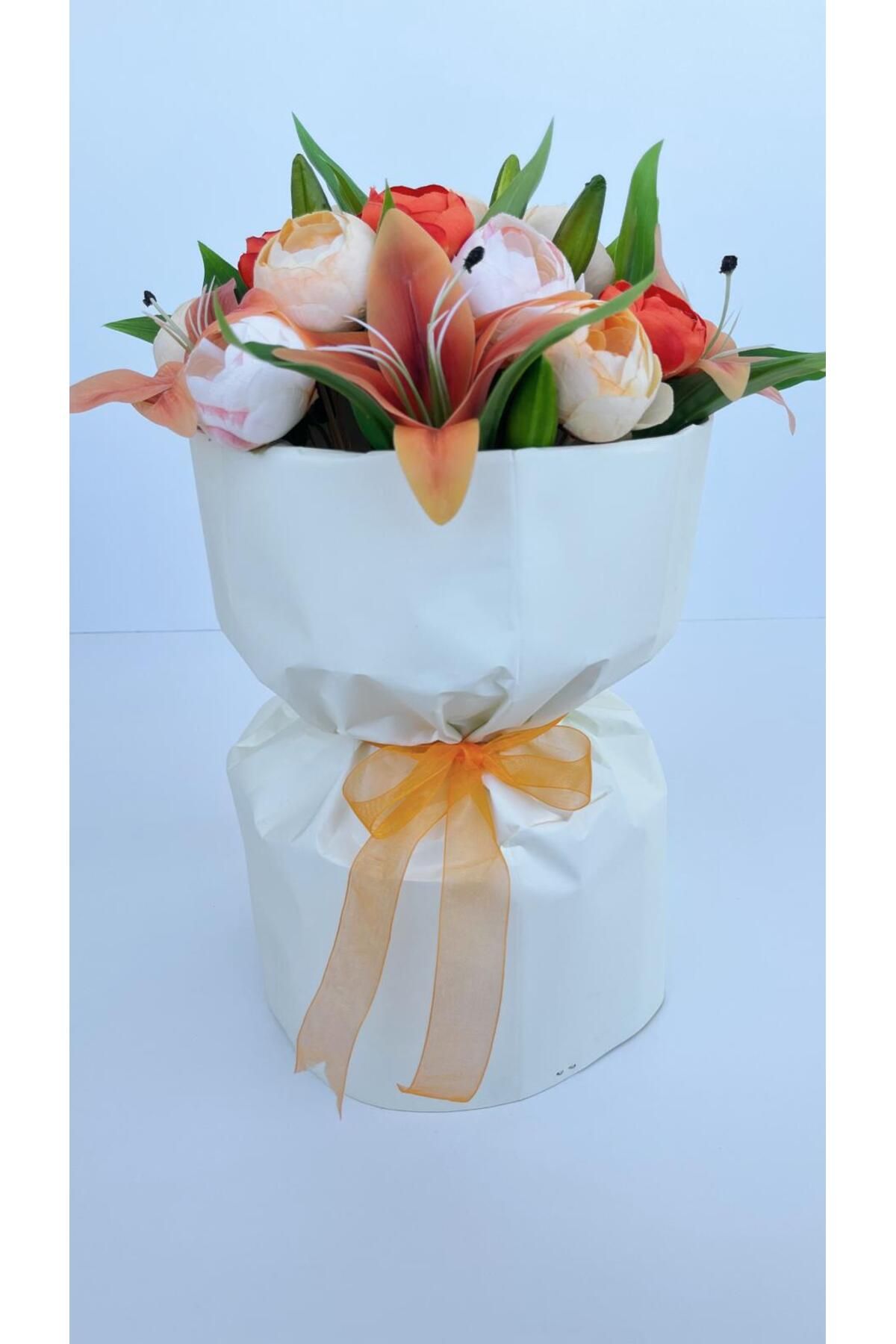 lavinia flowers design Turuncu Lilyum Şeftali Gül Yapay Çiçek Buketi (SUNRİSE DELİGHT)