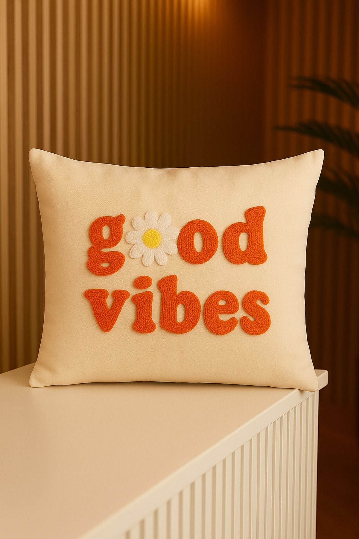 Buse çınar home design punch işlemeli good vibes motto renkli kırlent kılıfı
