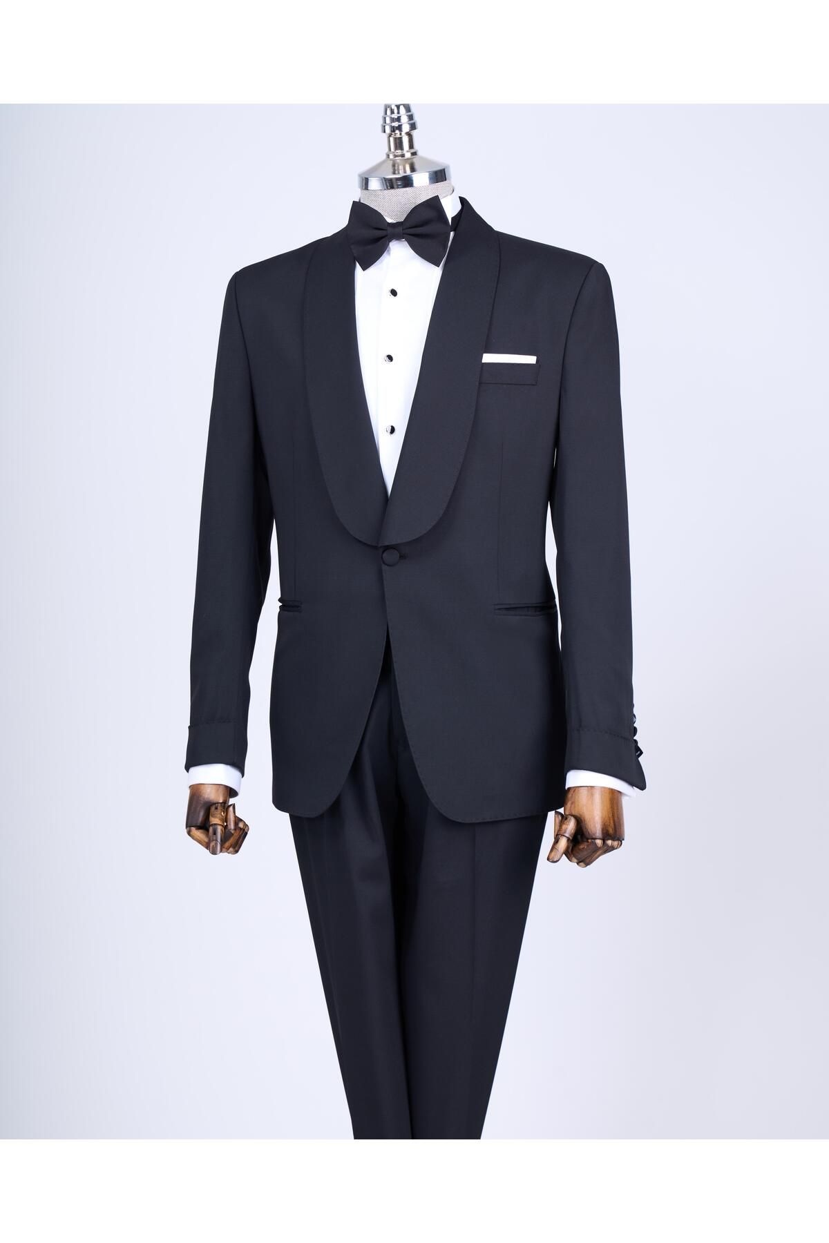 TerziAdemAltun İtalyan kesim slim fit şal yaka ceket pantolon damatlık set siyah T13634