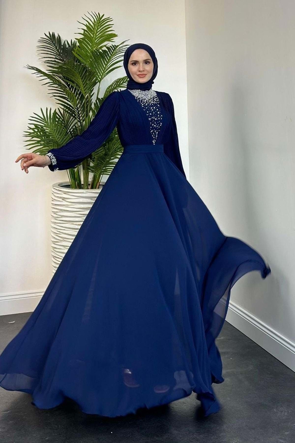 Tane 25Y4620 ELBİSE ABİYE ŞİFON KOLLARI PİLİSELİ YAKASI İNCİLİ