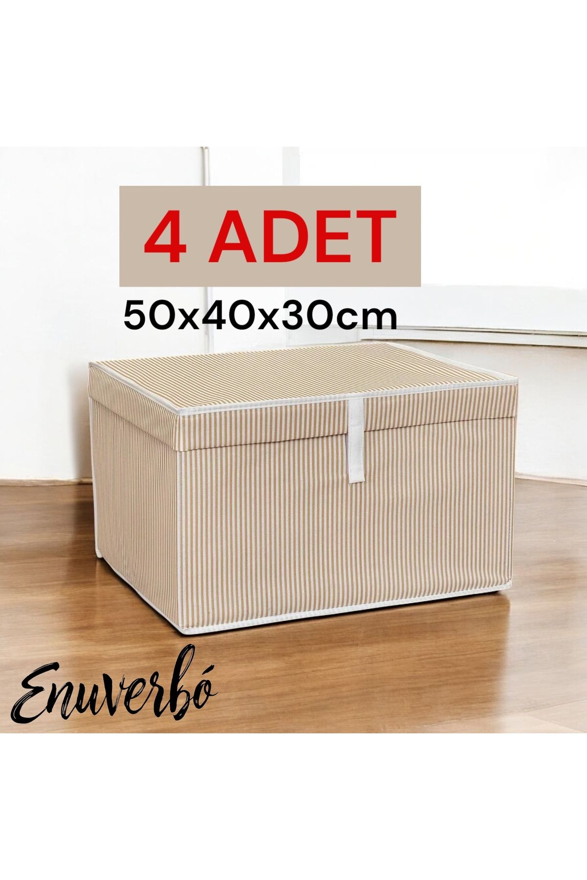 Enuverbi 4 Adet Kapaklı Çok Amaçlı Çamaşır-saklama-düzenleme Organizer Hurç Kutu 50x40x30 - Maxi Kutu - Bej