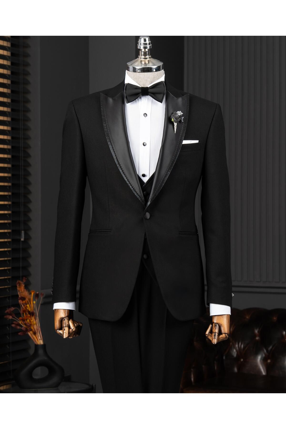 TerziAdemAltun İtalyan stil slim fit sivri yaka ceket yelek pantolon damatlık set siyah T14263