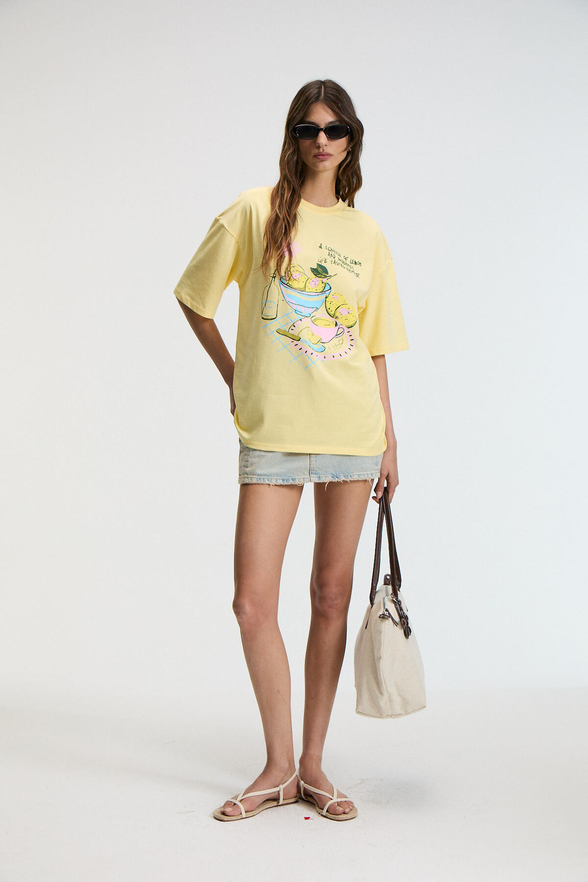 GRIMELANGE  NITZA Kadın %100 Pamuk Oversize Bisiklet Yaka Sarı T-Shirt - Görsel 5