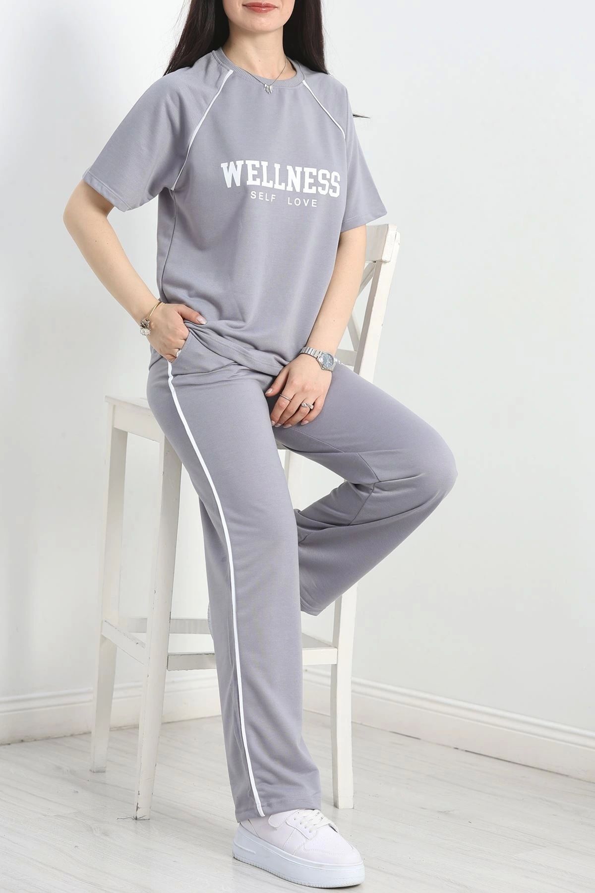 OurStyles Baskılı Biyeli İki İplik Eşofman Takımı Gri - 50494.1005.