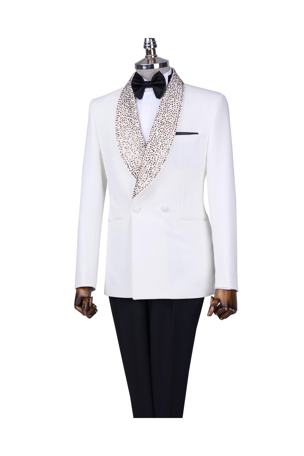 TerziAdemAltun İtalyan stil slim fit şal yaka ceket pantolon damatlık set beyaz T13702