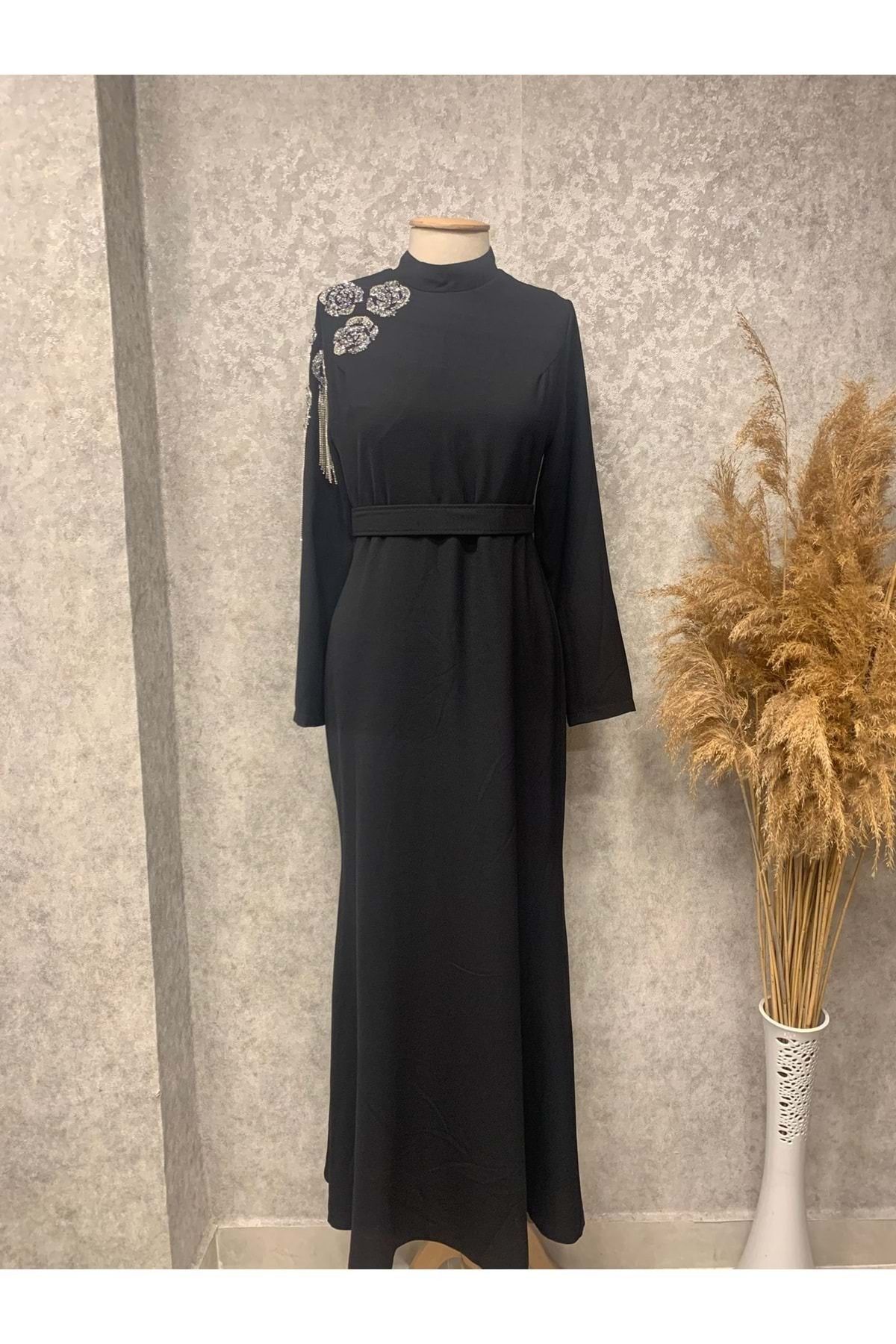 Tane 25Y4730 ELBİSE ABİYE KREP KUMAŞ TEK OMUZ TAŞLI SİYAH