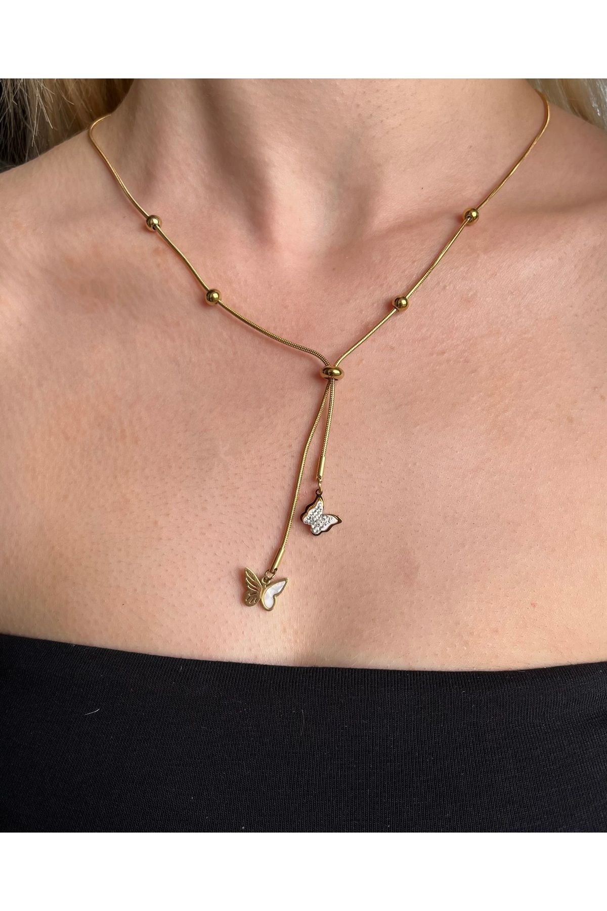 B&E SHİNE JEWERLY Kararmaz Çelik Kelebek Detay Kolye